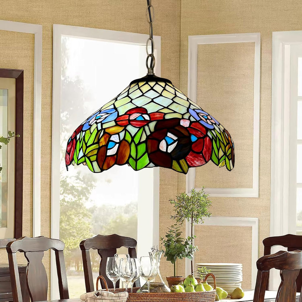 Red Floral Tiffany Lamp Shade Replacement, Only 16X9 Inch Pastoral Retro Stained Glass Lampshades, Suitable for Table Lamp Floor Lamp Hanging Pendant lamp Ceiling Light Desk Lamp