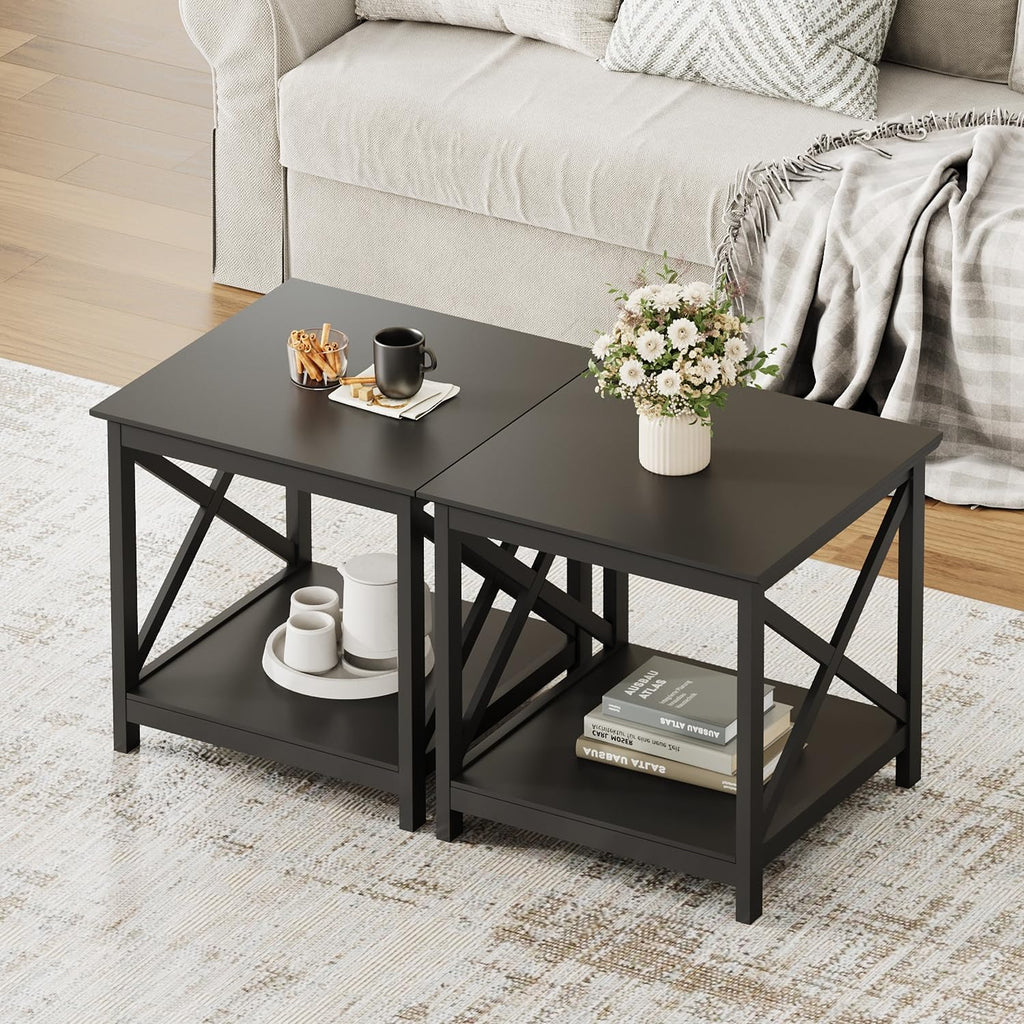 ChooChoo End Tables Set of 2, 24 Inch End Table with 2-Tier Storage Shelf, Side Table for Living Room, Wood Nightstand for Bedroom, Office, Painted Surface, Black