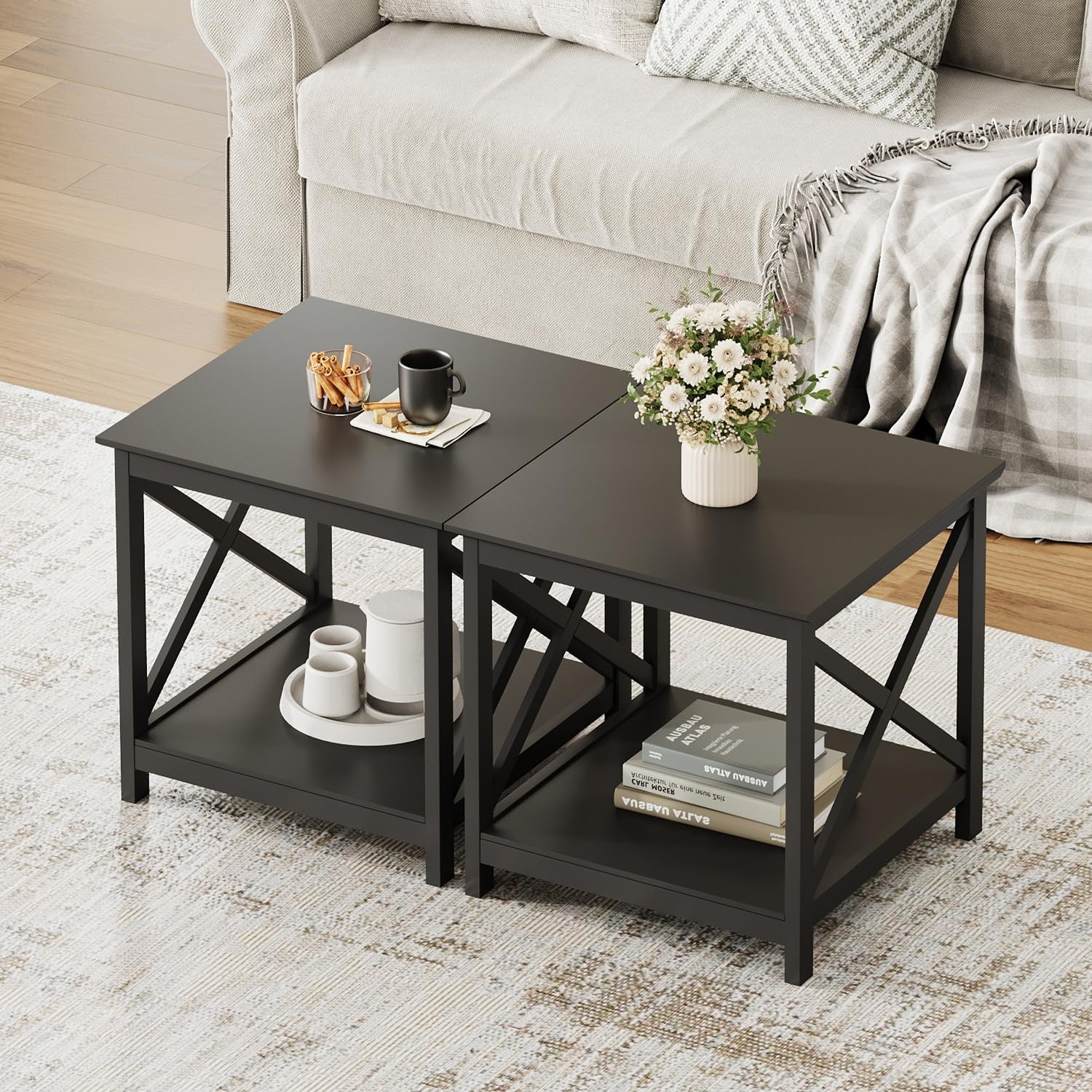 ChooChoo End Tables Set of 2, 24 Inch End Table with 2-Tier Storage Shelf, Side Table for Living Room, Wood Nightstand for Bedroom, Office, Painted Surface, Black