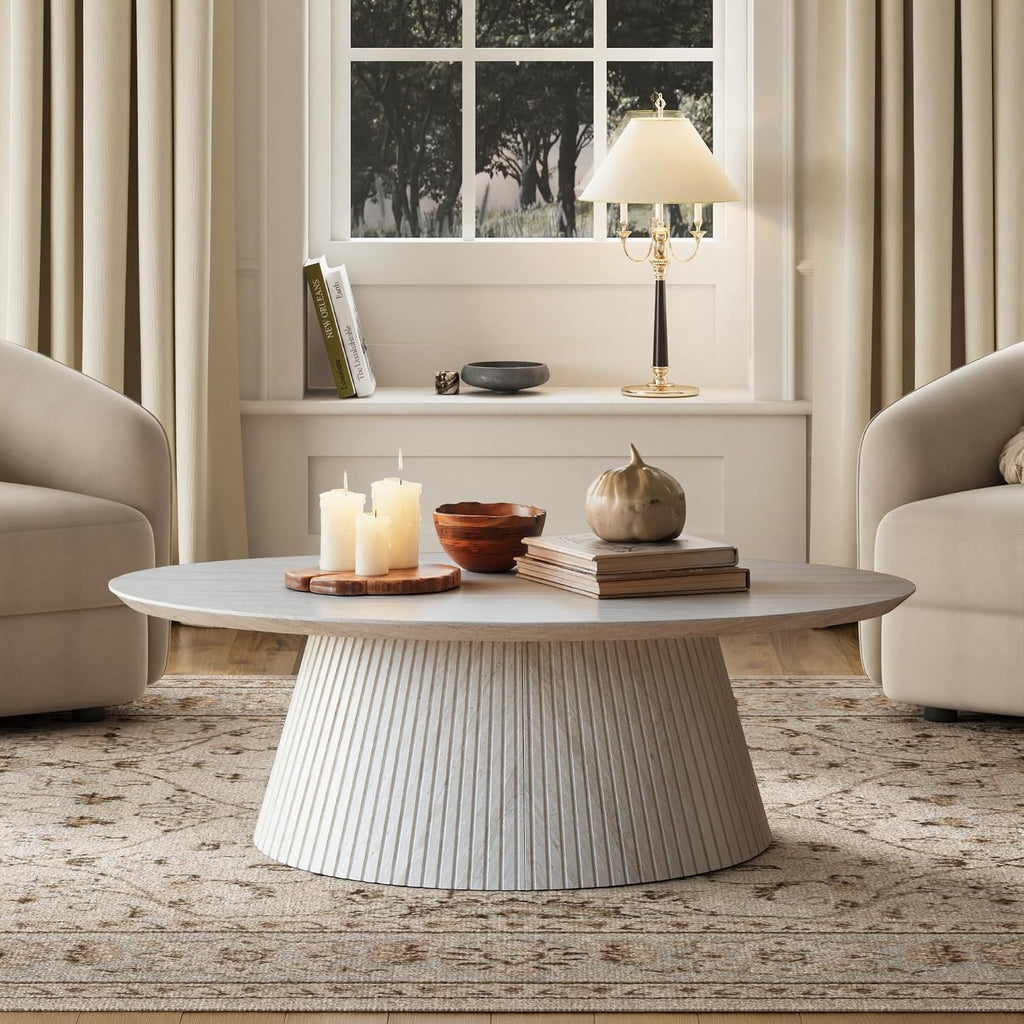win2win Oval Coffee Table, Modern Faux Stone Coffee Table with Fluted Design, Travertine Center Table with Tapered Base, Minimalist Tea Table for Living Room, Bedroom, Office, Stone