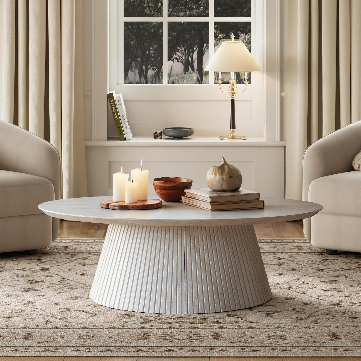 win2win Oval Coffee Table, Modern Faux Stone Coffee Table with Fluted Design, Travertine Center Table with Tapered Base, Minimalist Tea Table for Living Room, Bedroom, Office, Stone