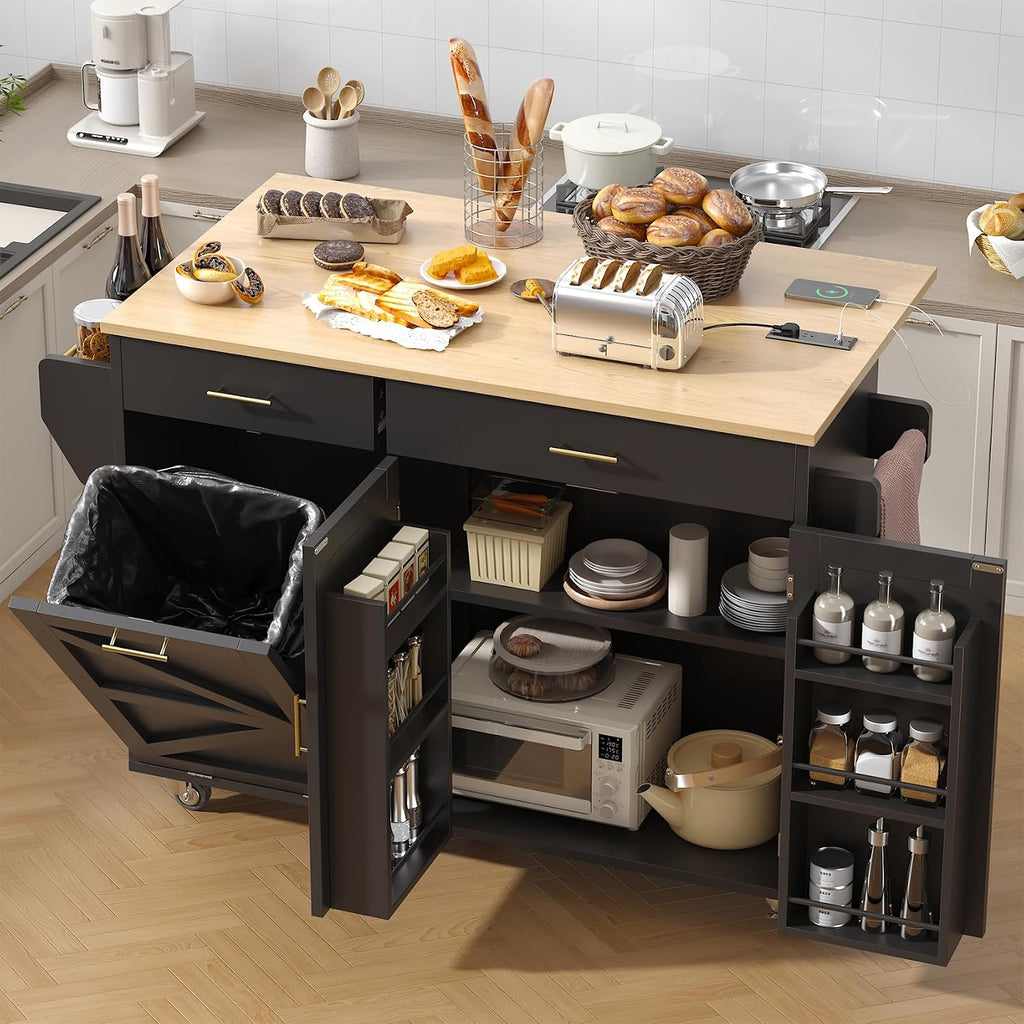 VVFLU 51.8' Kitchen Island Cart with Trash Can Storage, Kitchen Island on Wheels with Power Outlet & Drop Leaf, Rolling Kitchen Cart with Towel Rack & Spice Rack, Mobile Islands Table for Kitchen