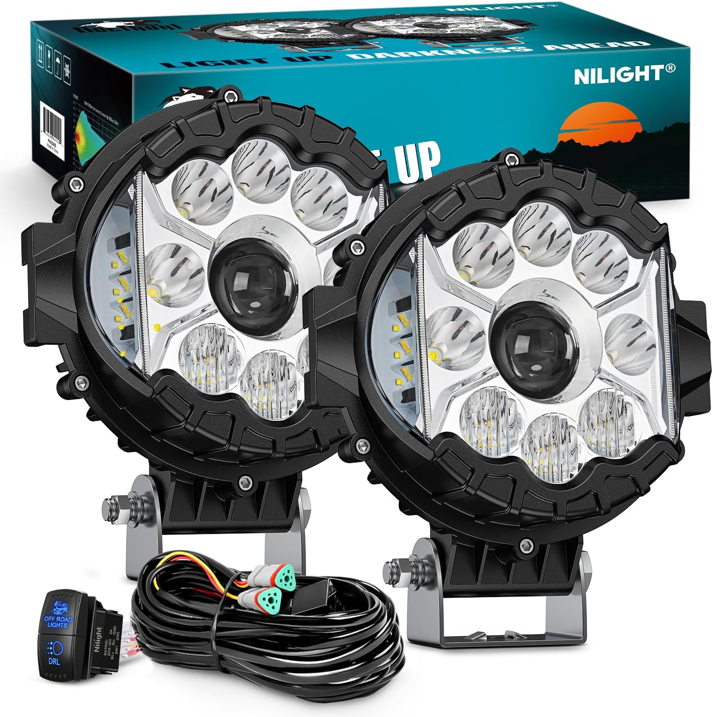 Nilight 7 Inch LED Offroad Driving Lights High Low Beam 2 PCS 80W Round White Light Side Shooter Spot Flood Fog Light Pod w/ 16 AWG DT Connector Wiring Harness Kit for Jeep Truck ATV UTV SUV