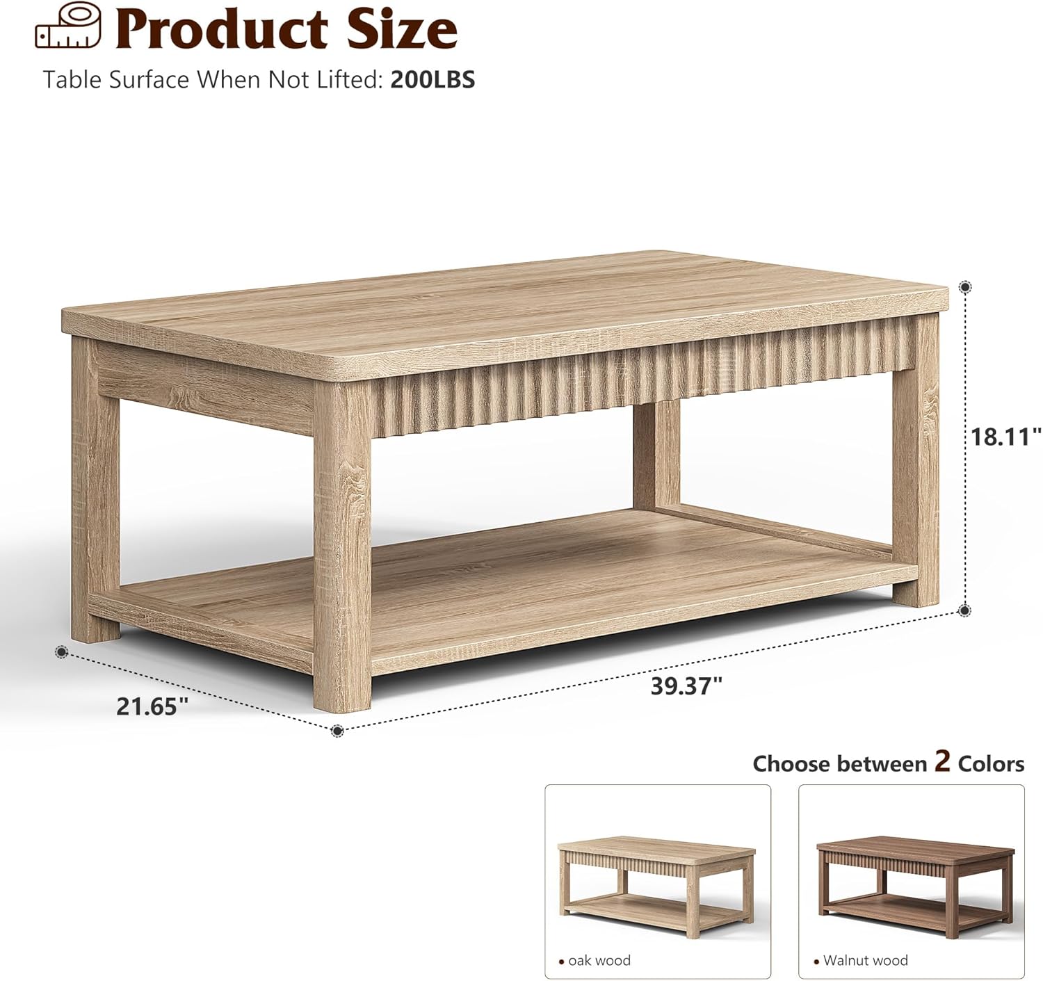 Homkdom Coffee Table, 39 Inch Modern Coffee Tables for Living Room with 2-Tier Storage & Wave-Edge, Oak Center Table for Bedroom/Office
