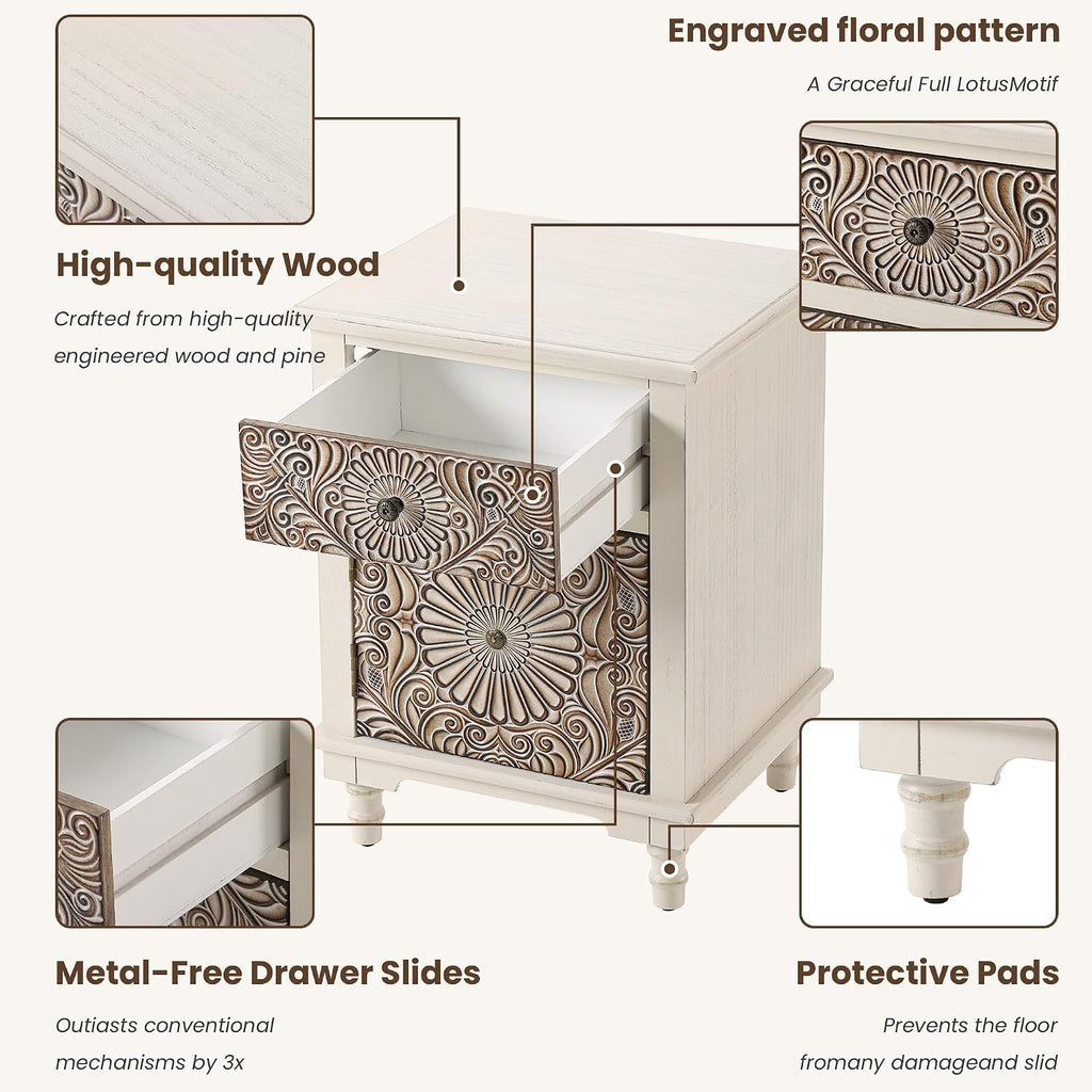 COSIEST 2 Drawers Accent Dresser, Vintage Small Accent Chest with 4 Wood Legs, Free-Standing Buffet Server Nightstand End Table for Bedroom, Living Room, Entryway