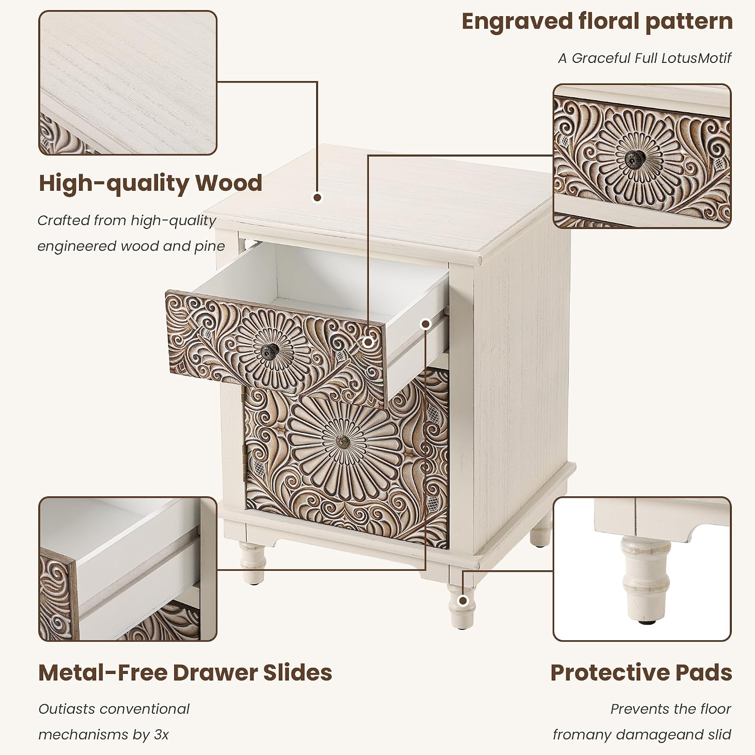 COSIEST 2 Drawers Accent Dresser, Vintage Small Accent Chest with 4 Wood Legs, Free-Standing Buffet Server Nightstand End Table for Bedroom, Living Room, Entryway