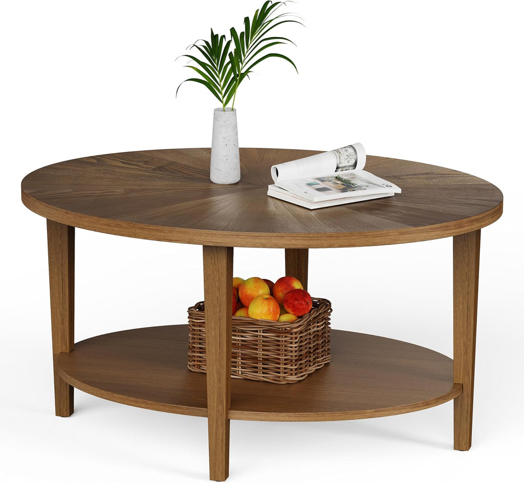 Solid Wood Oval Coffee Table for Living Room, 2 Tier Farmhouse Coffee Table with Storage Shelf, Double Layer Center Table for Living Room, Easy Assembly