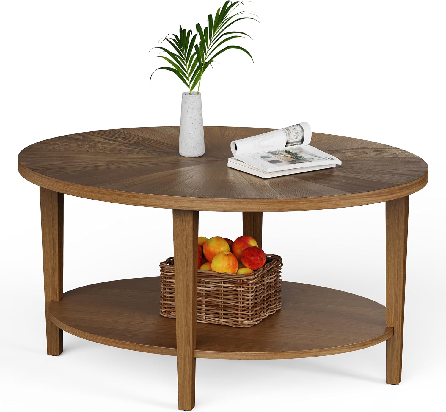 Solid Wood Oval Coffee Table for Living Room, 2 Tier Farmhouse Coffee Table with Storage Shelf, Double Layer Center Table for Living Room, Easy Assembly