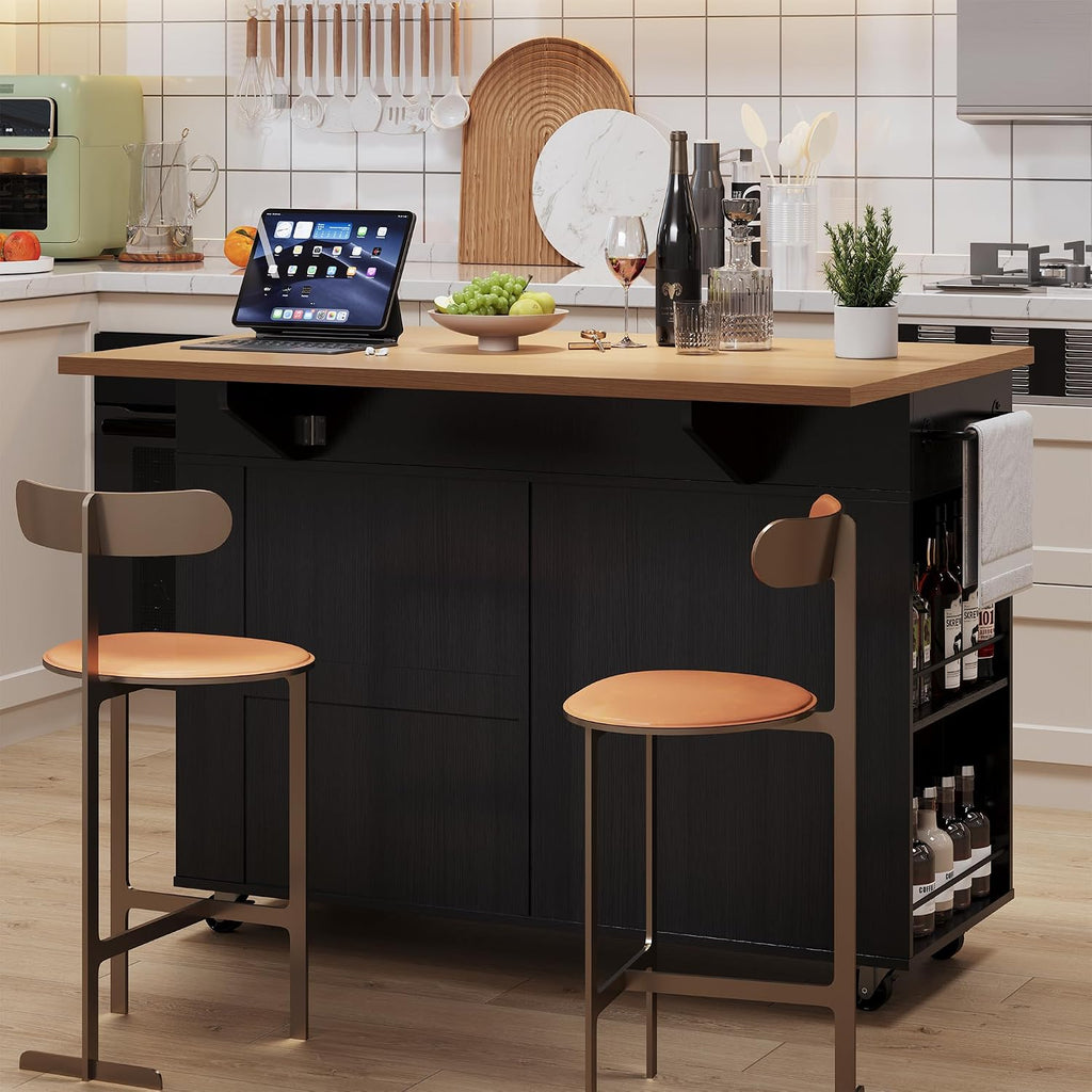 IDEALHOUSE Rolling Kitchen Island with Drop Leaf Countertop, Charging Station & Ample Storage - 47.2' Mobile Kitchen Cart On Wheels with Pull-Out Shelves, Drawers, Spice Rack & Organizer Divider