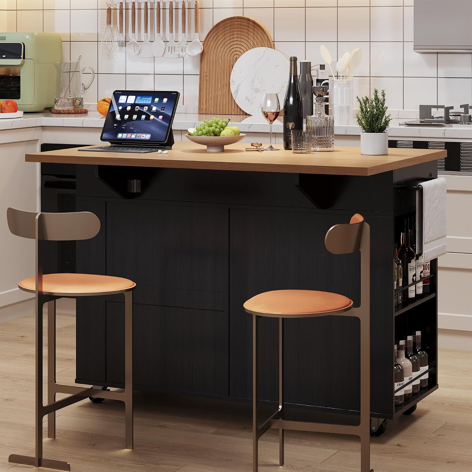 IDEALHOUSE Rolling Kitchen Island with Drop Leaf Countertop, Charging Station & Ample Storage - 47.2' Mobile Kitchen Cart On Wheels with Pull-Out Shelves, Drawers, Spice Rack & Organizer Divider