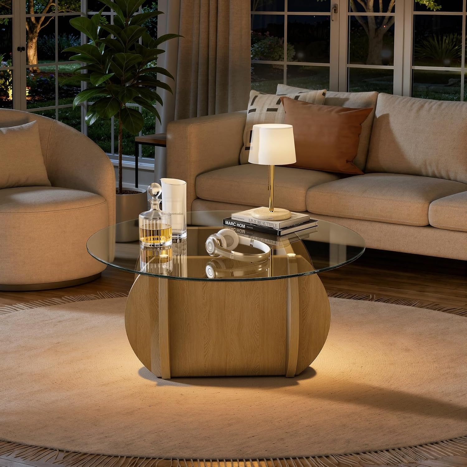 Round Glass Coffee Table, Modern Coffee Table with Glass Top and Wood Base, Minimalist Circle Coffee Table for Living Room, Small Round Coffee Table for Apartment, Office & Lounge, Natural