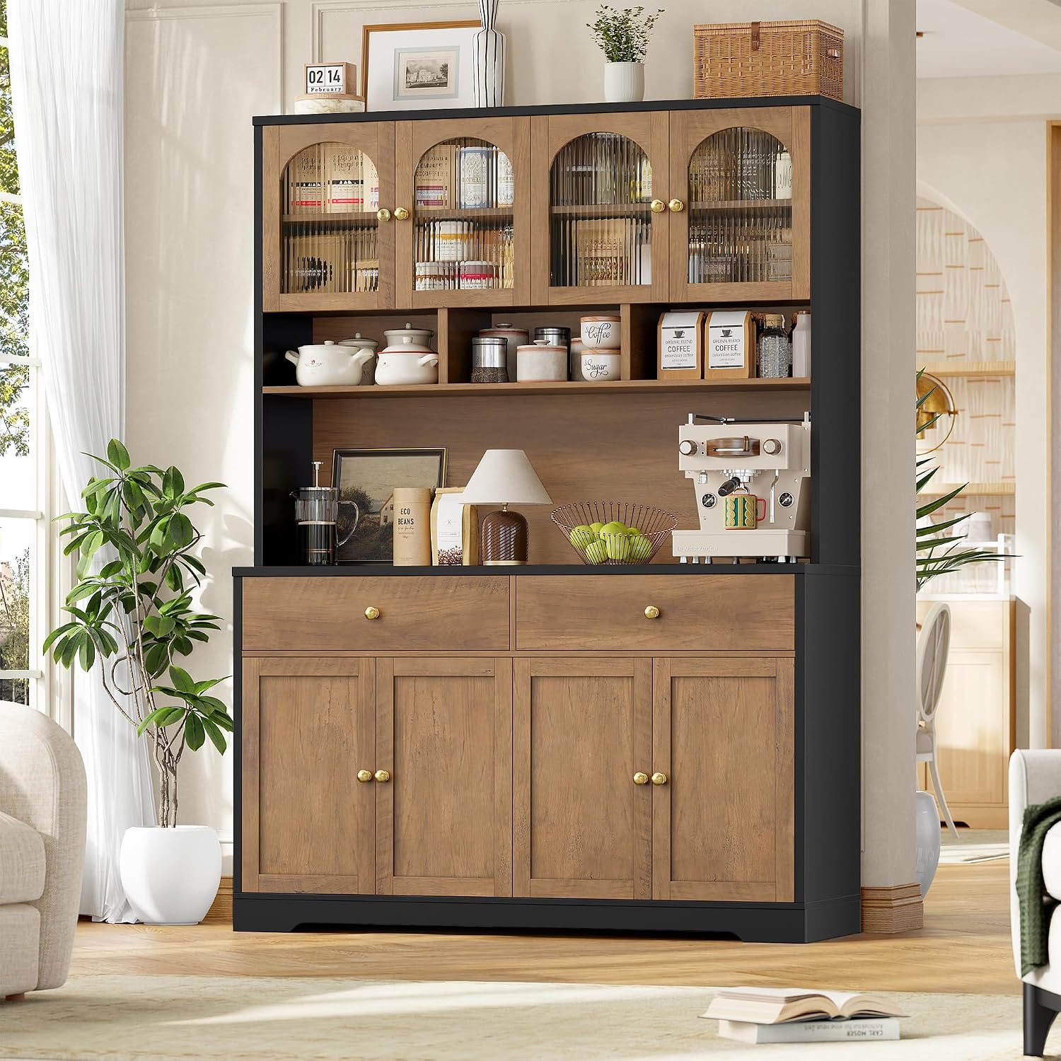 FINETONES 71' Pantry Cabinet, Tall Kitchen Pantry Storage Cabinet with Charging Station, 47.2' Wide Kitchen Hutch Food Storage Cabinets with Open Countertop for Dining Room, Black/Brown
