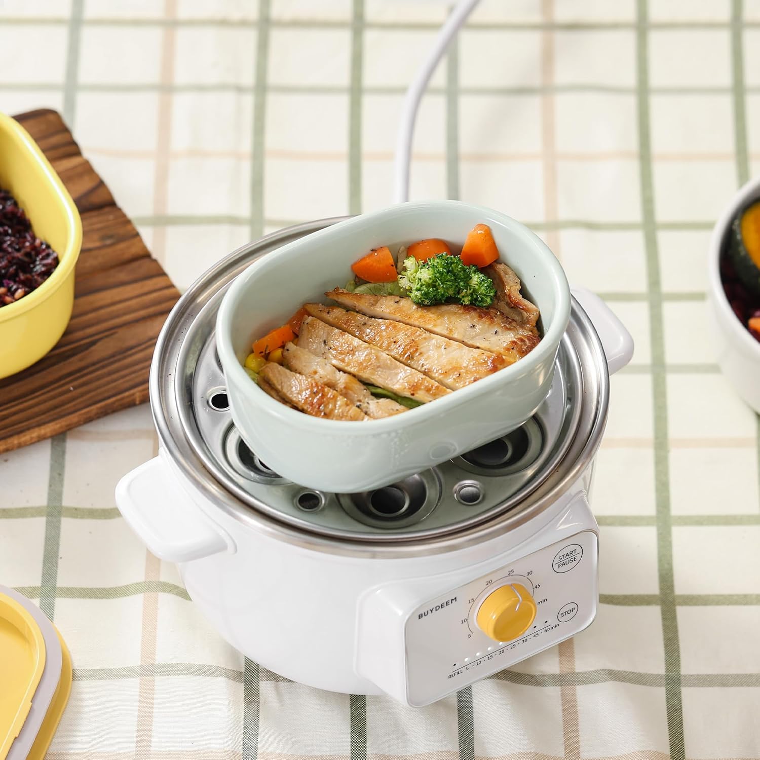 BUYDEEM G32 Electric Food Steamer 1.6QT with Ceramic Food Storage Container 17oz Cozy Greenish