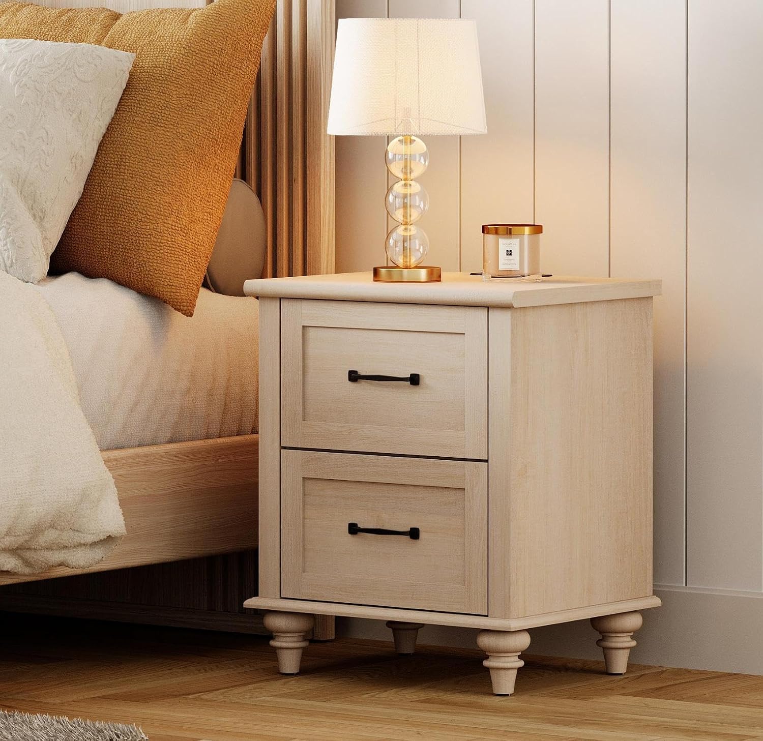 WAMPAT Beige Side Table Nightstand with Charging Station, Wooden End Table with 2 Drawers for Living Room, Mid Century Night Stand Modern Bedside Table for Bedroom, Kids Room