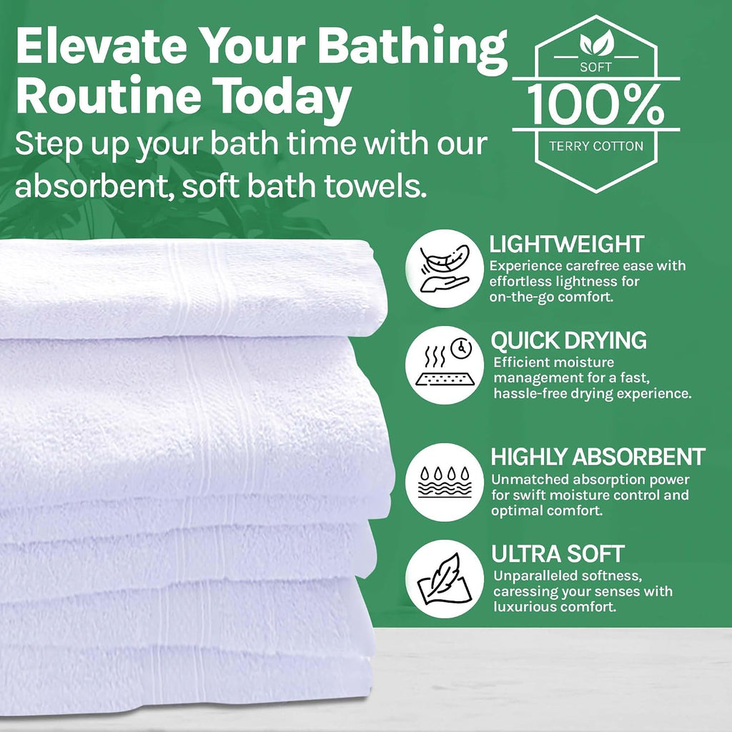 Towels N More 24 Pack White Bath Towels 24x48 Inch Poolside Towels, Cotton Towel Set for Bathroom, Hotel, Gym, Pool, Spa, Soft Extra Absorbent Quick Dry