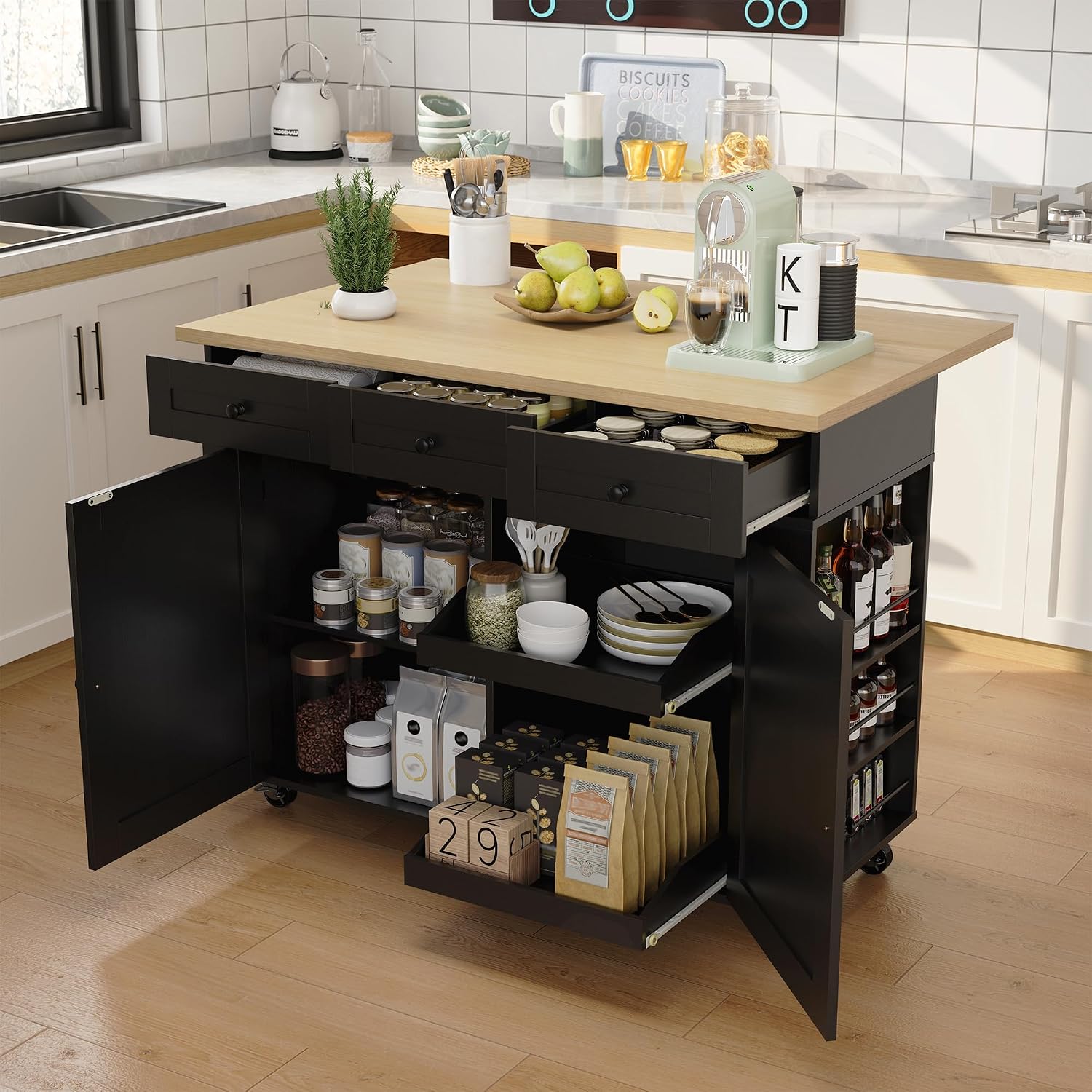 IDEALHOUSE Rolling Kitchen Island with Drop Leaf Countertop, Charging Station & Ample Storage - 47.2' Mobile Kitchen Cart On Wheels with Pull-Out Shelves, Drawers, Spice Rack & Organizer Divider