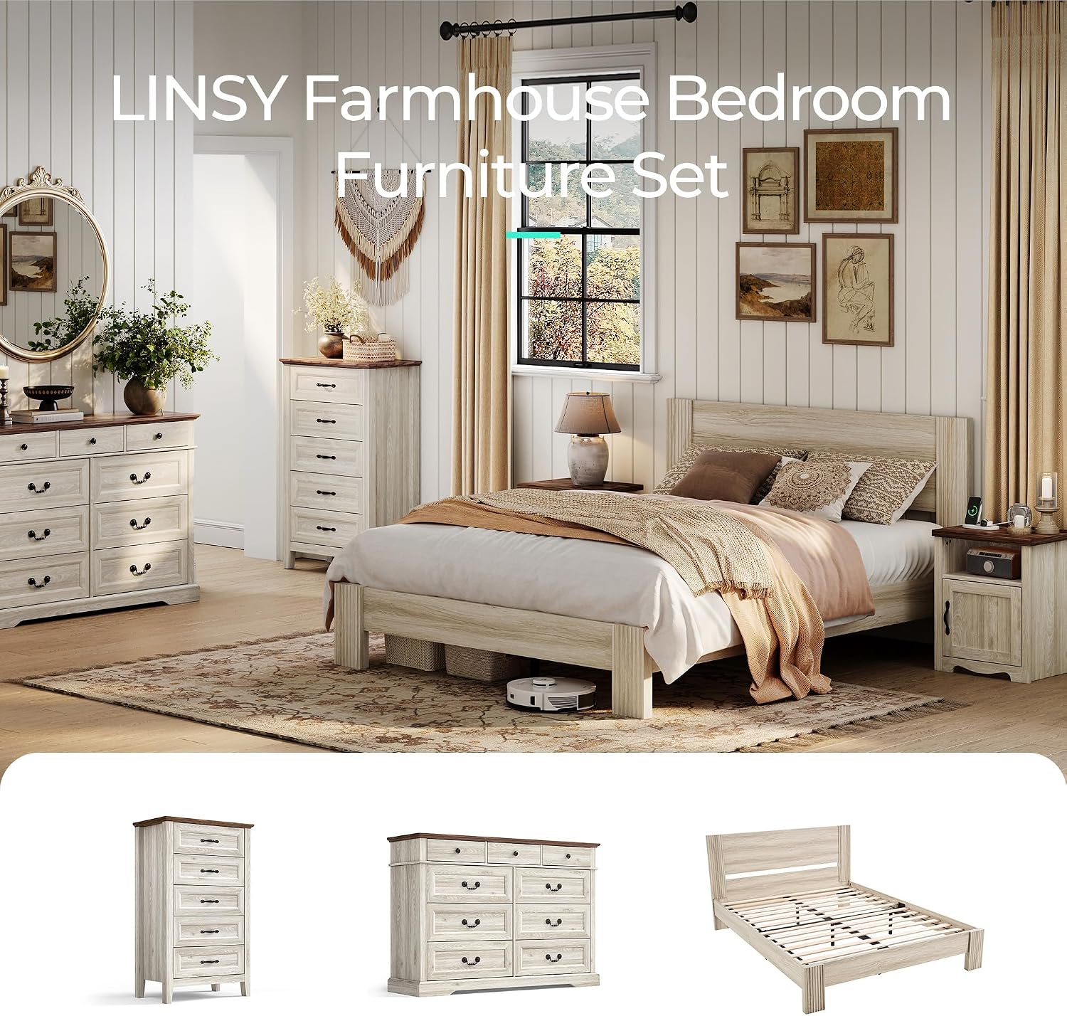 LINSY Farmhouse Night Stand Set of 2, 18.9' Wood End Table with Charging Station, Side Table for Bedroom, Living Room, Couch with USB Ports and Outlets, Nightstand with Storage, Beige