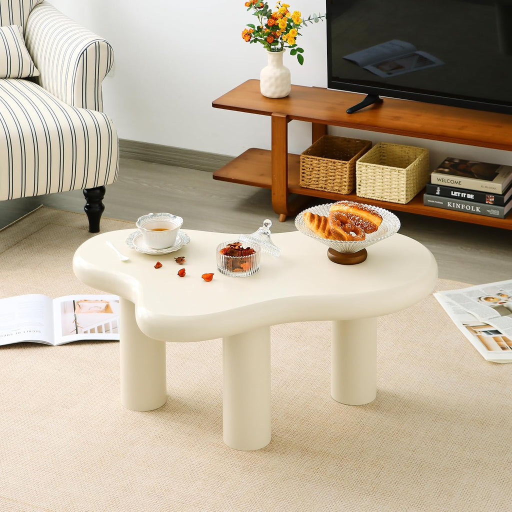 34'(L) Cloud Coffee Table, Modern Wood Coffee Table for Living Room, Accent Center Tables with 3 Legs, Small Tea Tables for Balcony, Patio, Bedroom, Cream White