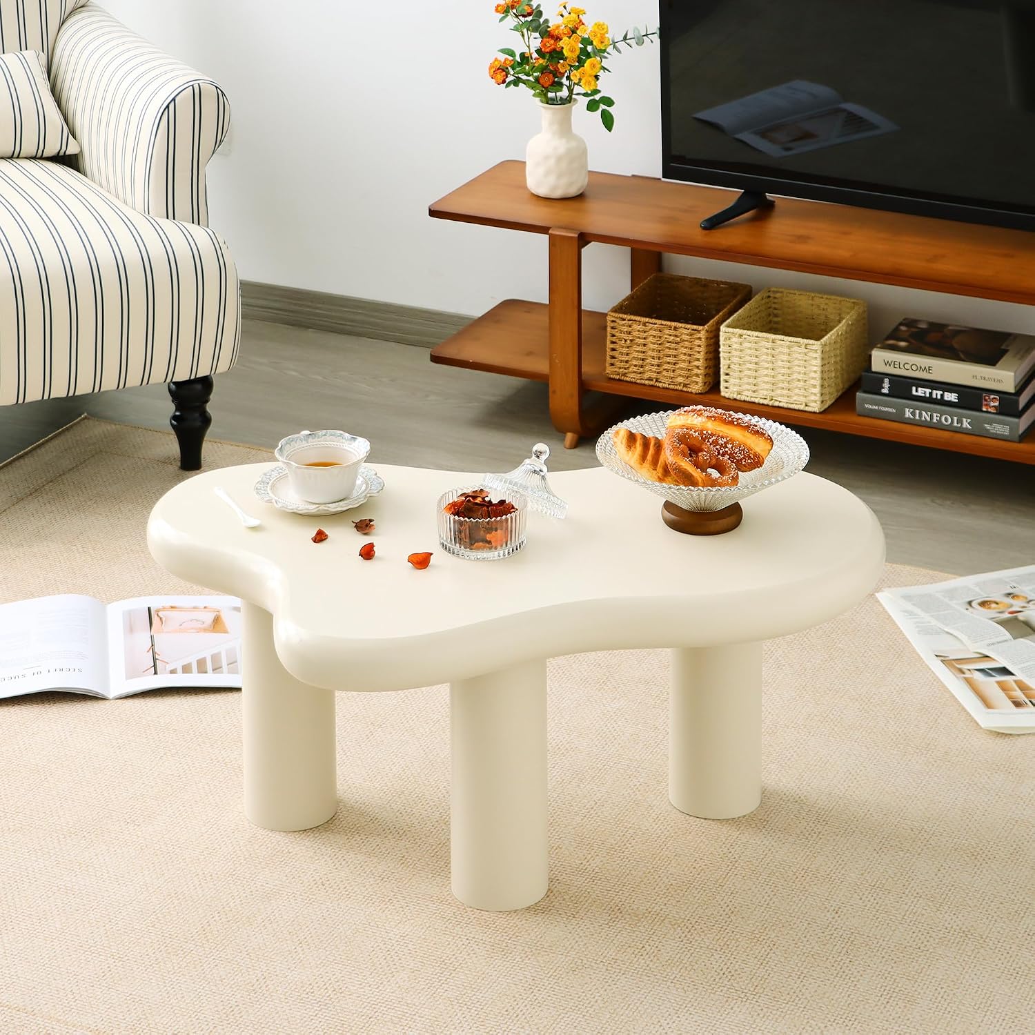 34'(L) Cloud Coffee Table, Modern Wood Coffee Table for Living Room, Accent Center Tables with 3 Legs, Small Tea Tables for Balcony, Patio, Bedroom, Cream White