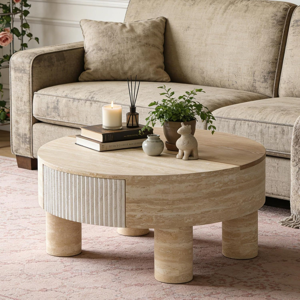 31.5' Round Coffee Table with Flip Top and Hidden Storage, Faux Marble Tabletop for Living Room, Modern Wooden Circle Center Table, Tea Table for Apartment, Office, Beige Mars Pattern