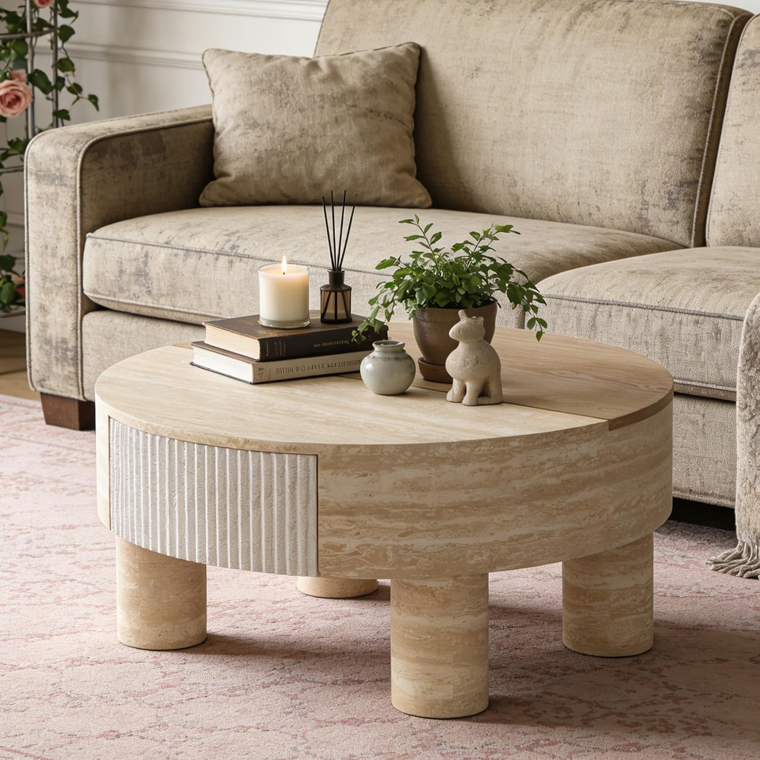 31.5' Round Coffee Table with Flip Top and Hidden Storage, Faux Marble Tabletop for Living Room, Modern Wooden Circle Center Table, Tea Table for Apartment, Office, Beige Mars Pattern