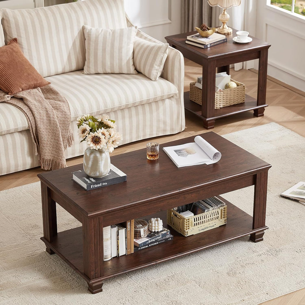 SAVOR LIFE Farmhouse Coffee Tables for Living Room,Square Living Room Tables with Open Storage Shelf,Large Modern Coffee Table,Rustic Brown Center Table,Walnut