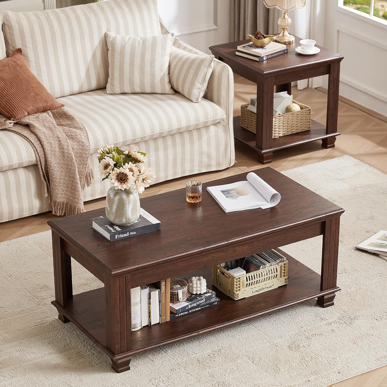 SAVOR LIFE Farmhouse Coffee Tables for Living Room,Square Living Room Tables with Open Storage Shelf,Large Modern Coffee Table,Rustic Brown Center Table,Walnut
