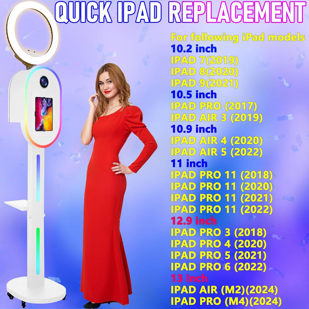RDYMONKEY Photo Booth for All iPad and for Camera Dualuse Selfie Station Shell Stand APP Control RGB Ring Light Music Sync Light Box Photobooth Machine with Flight Case for Rental
