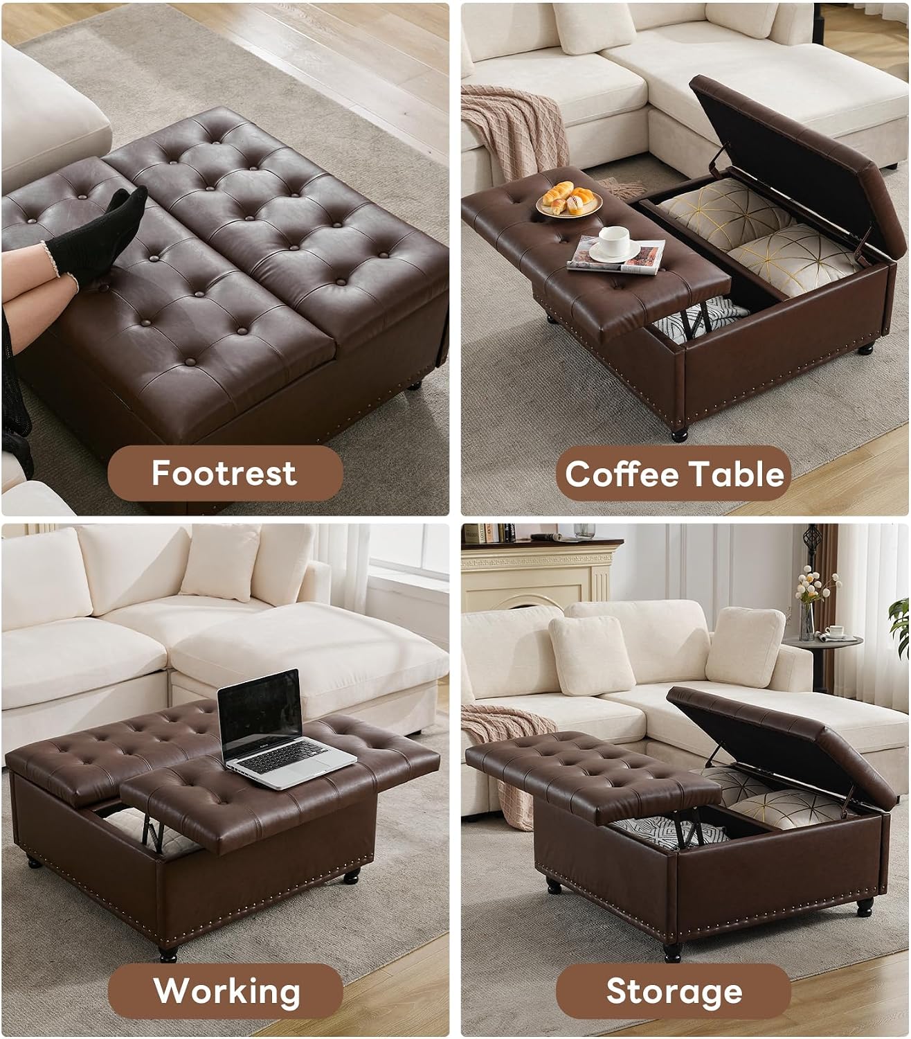 Tbfit Large Square Storage Ottoman Bench, Tufted Upholstered Coffee Table Ottoman with Lift Top & Solid Wood Legs, Oversized Storage Ottomans Toy Box for Living Room (Dark Brown)