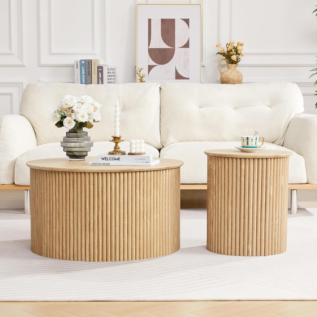 Fluted Round Nesting Coffee Table Set of 2, Mid Century Modern Wood Coffee Table and End Table Set, Minimalist Center Tables Circle Side Table for Living Room, Office(Natural)