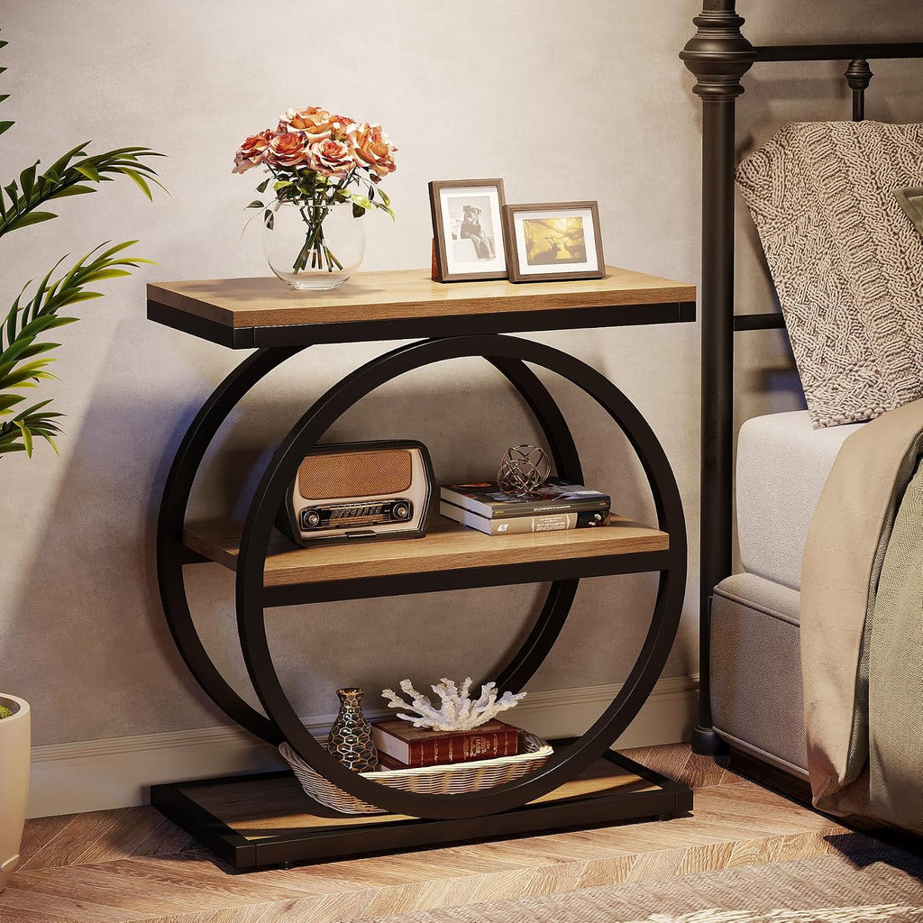 Tribesigns Side End Table with 3 Storage Shelves Set of 2, Industrial Sofa Table with Round Metal Frame for Living Room, Engineered Wood Nightstand for Bedroom, Oak