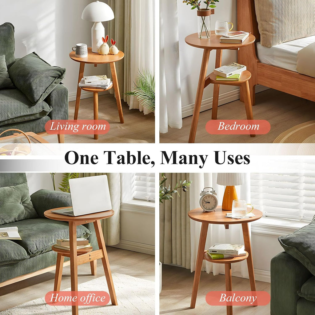 Side Table, 2-Tier Round End Tables Living Room, Mid Century Modern Side Table, Round Nightstand, Oak Accent Table, Small Round Coffee Table, 16.54' Dia.x 23.62' H(Natural)