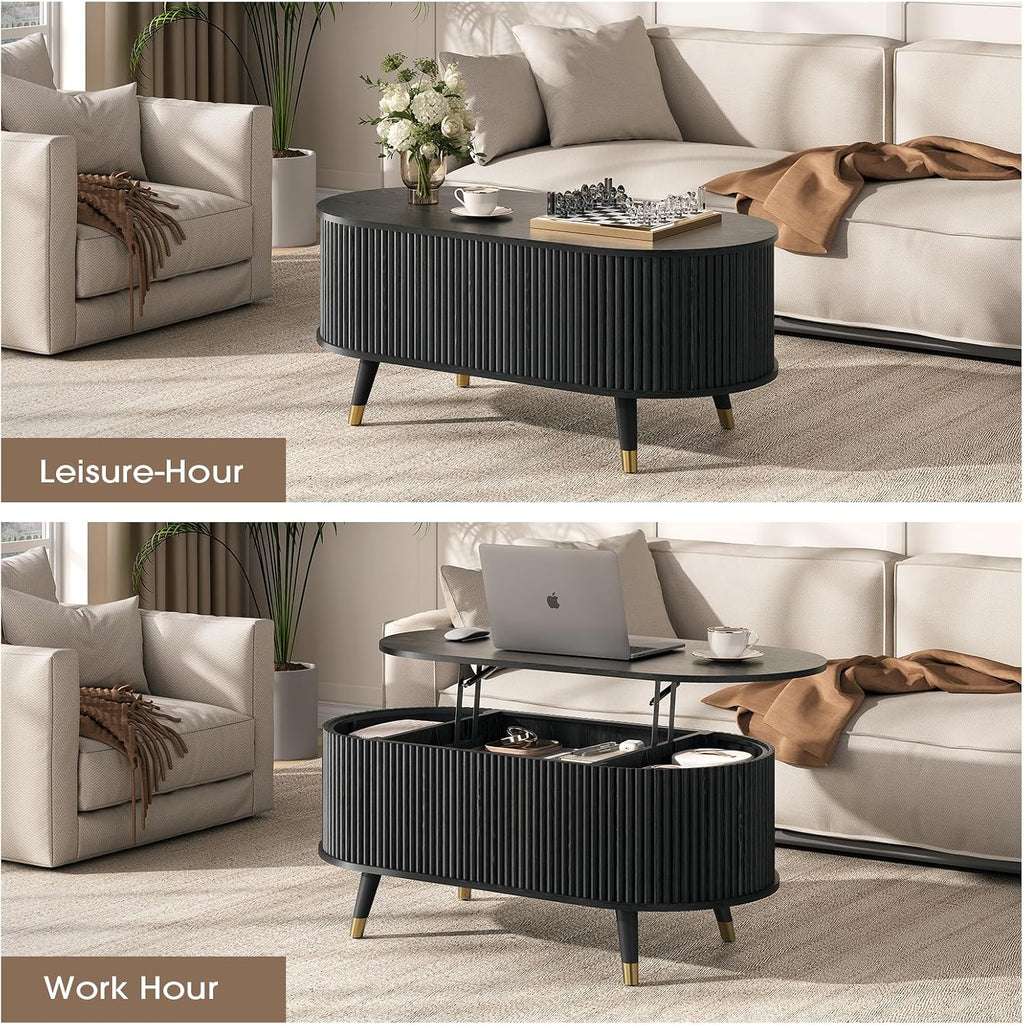 Oval Lift Top Coffee Table with Storage, 42.5' Fluted Coffee Table with Lifting Top & Solid Wood Legs, Mid Century Modern Center Table for Living Room, Home Office, Black