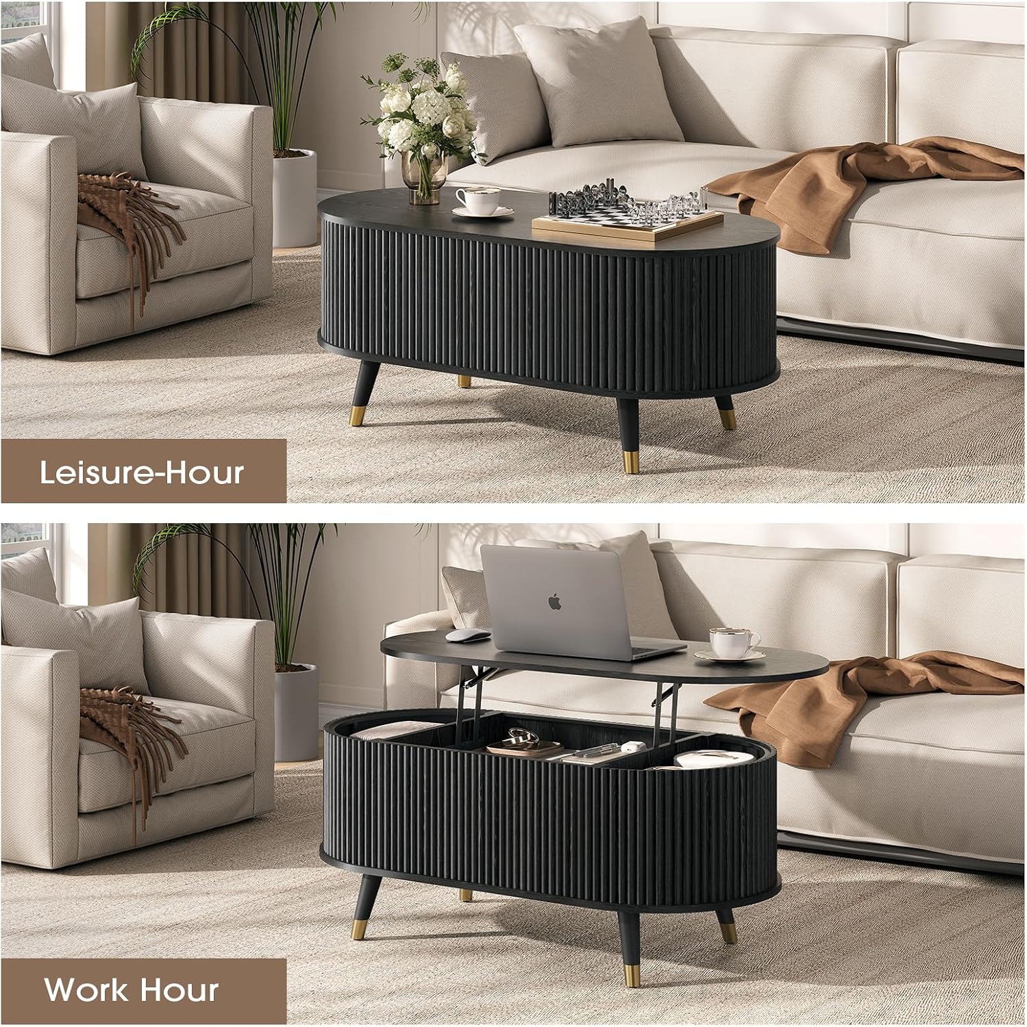 Oval Lift Top Coffee Table with Storage, 42.5' Fluted Coffee Table with Lifting Top & Solid Wood Legs, Mid Century Modern Center Table for Living Room, Home Office, Black