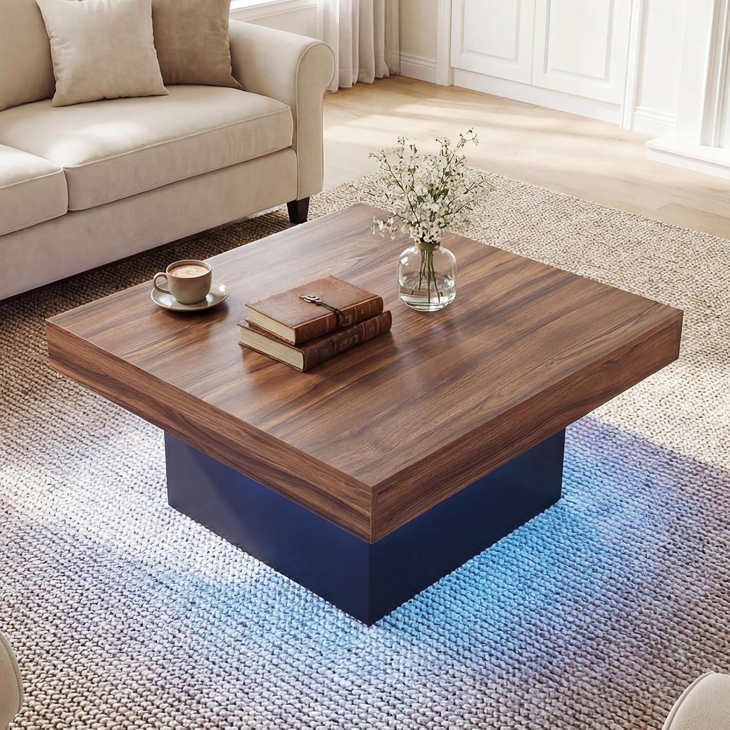 GOFLAME LED Coffee Table for Living Room, 35.5' Square Center Table with Storage, Adjustable Light Colors, Speed & Brightness, Remote Control, Farmhouse, Wooden Accent Tea Tables (Rustic Brown)