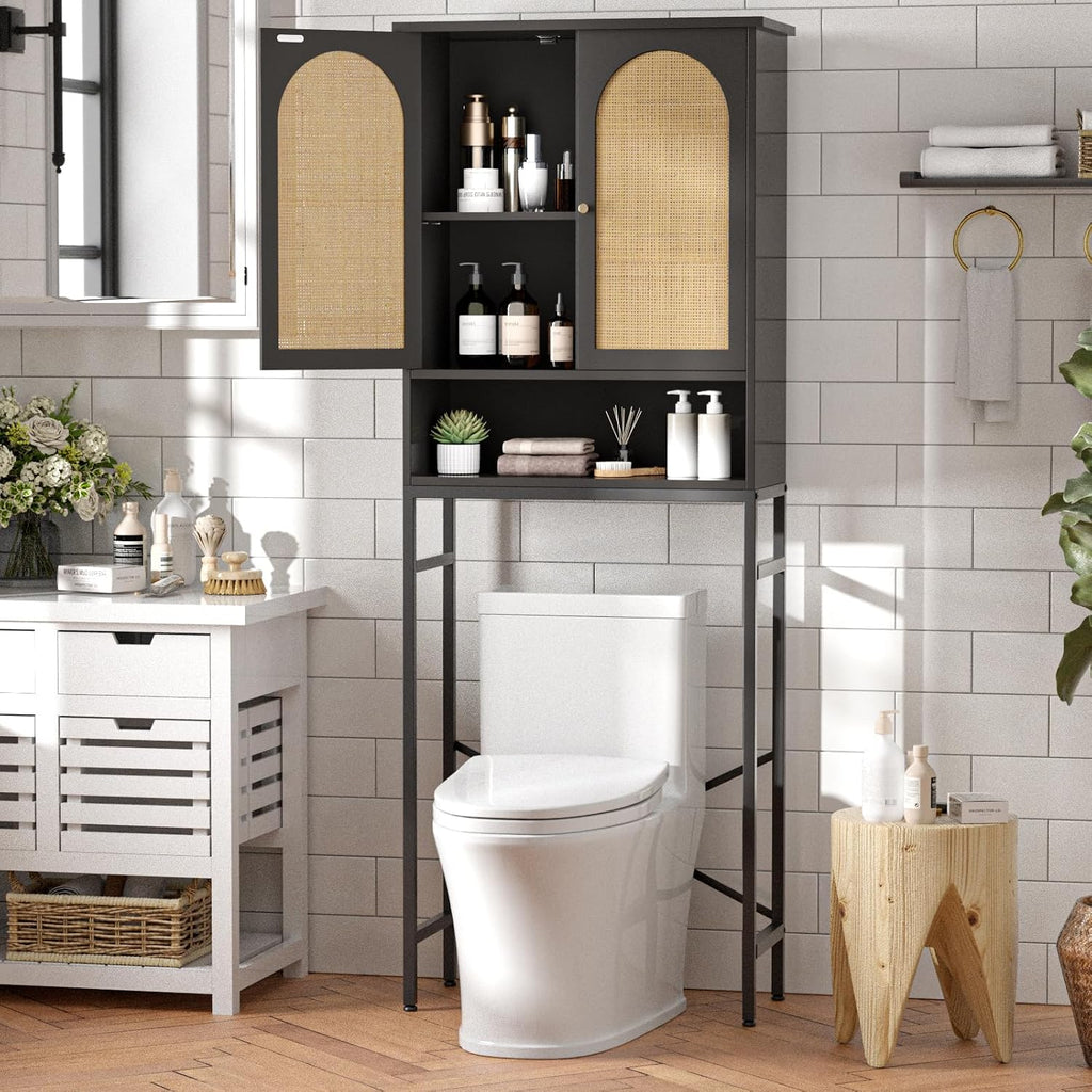 FiveWillowise Rattan Toilet Storage Cabinet, Over The Rack Wood Cabinet with Metal Stand, Bathroom Organizer with Adjustable Shelf, Tall Freestanding Washer Shelf, Small Cupboard, Black
