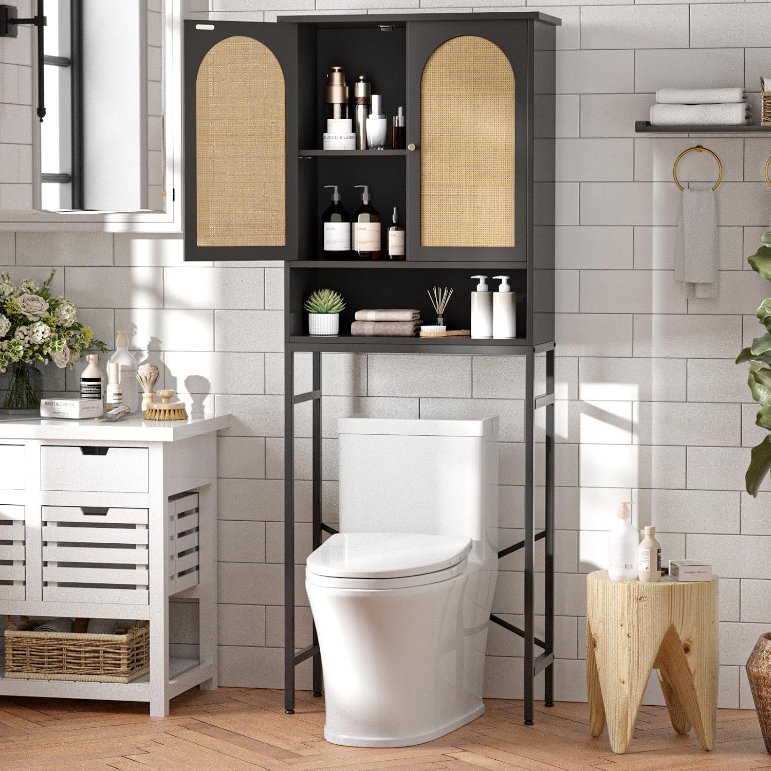 FiveWillowise Rattan Toilet Storage Cabinet, Over The Rack Wood Cabinet with Metal Stand, Bathroom Organizer with Adjustable Shelf, Tall Freestanding Washer Shelf, Small Cupboard, Black