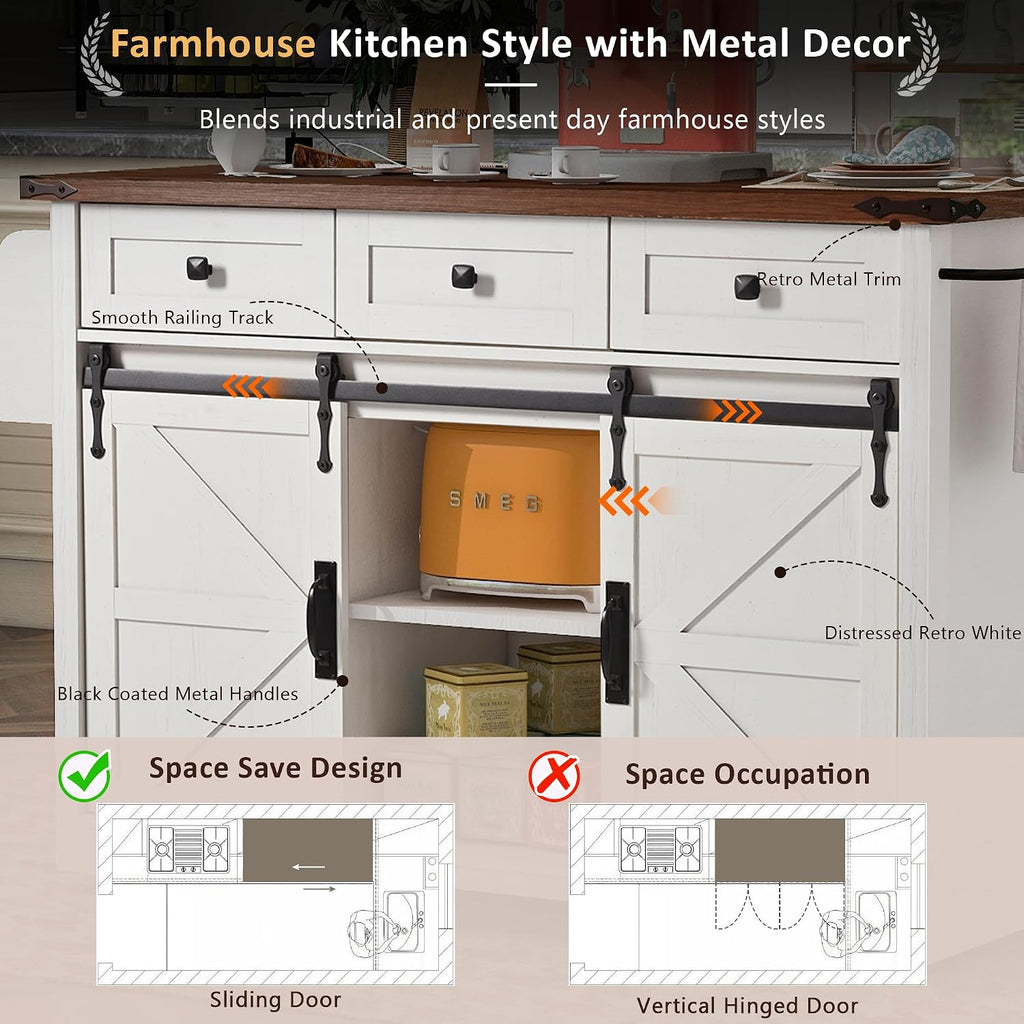 53.7' Farmhouse Kitchen Island With Power Outlet and Sliding Barn Doors, Rustic Storage Island With Drop Leaf, Rolling Cart With Drawers and Spice Rack for Dining Room