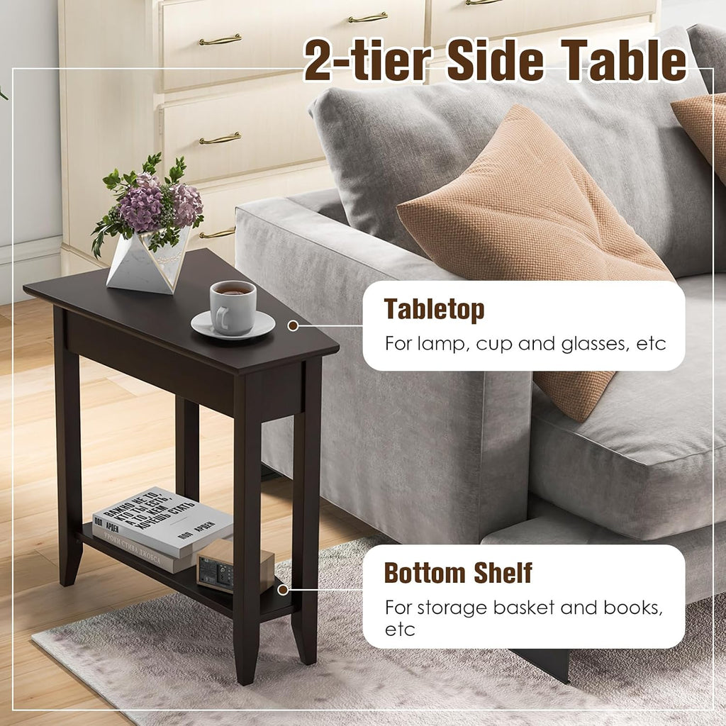 Giantex Wedge End Table Set of 2, Triangle Side Table with Storage Shelf and Solid Wood Legs, Recliner Table, 24.5' Tall Nightstand, Modern Narrow Accent Table for Small Space Living Room, Espresso