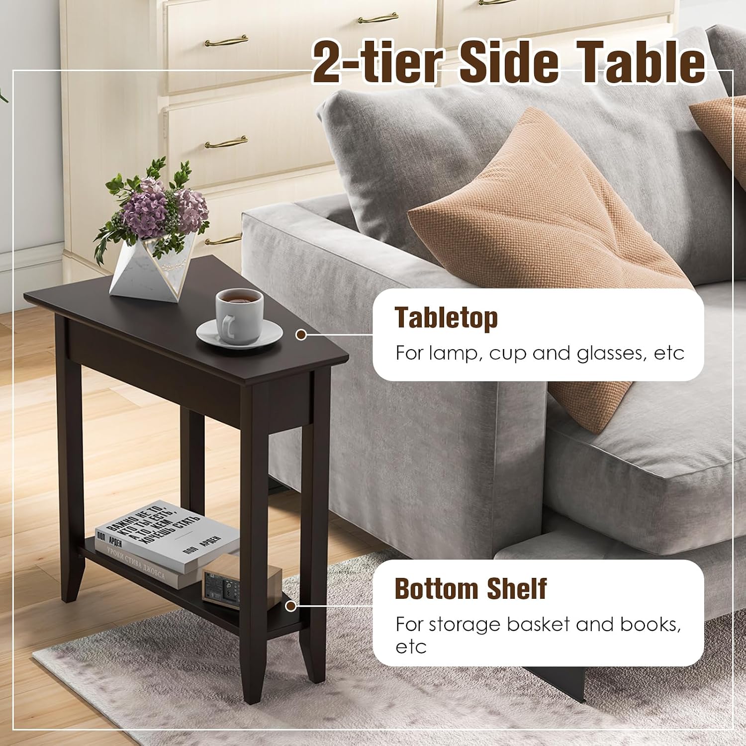 Giantex Wedge End Table Set of 2, Triangle Side Table with Storage Shelf and Solid Wood Legs, Recliner Table, 24.5' Tall Nightstand, Modern Narrow Accent Table for Small Space Living Room, Espresso
