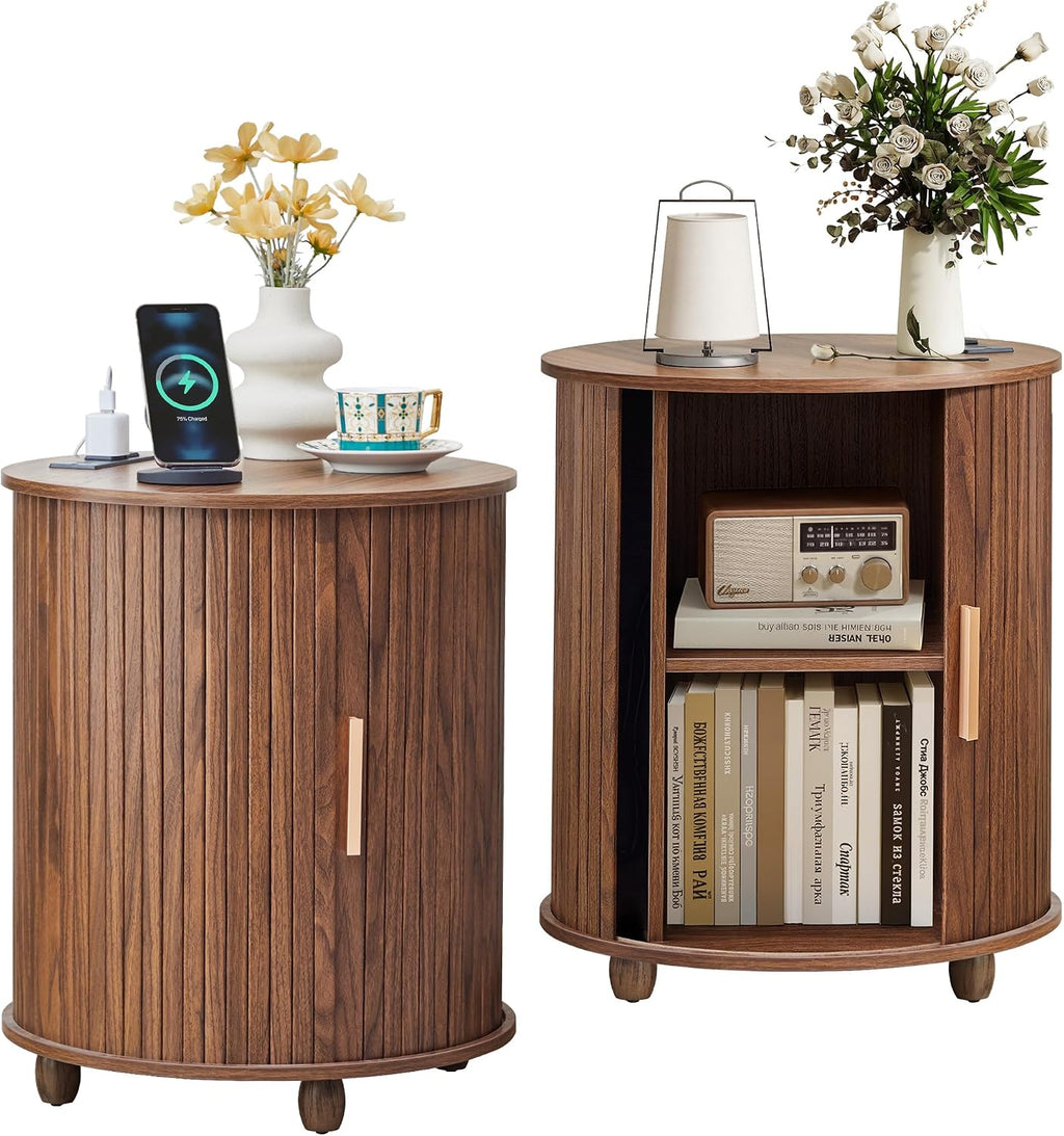 Set of 2 Fluted Round End Table with Charging Station, Small Farmhouse Sofa Side Table with Sliding Tambour Door & Storage, Mid-Century Wood Fulted Nightstands for Living Room, Bedroom (Walnut)
