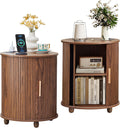 Set of 2 Fluted Round End Table with Charging Station, Small Farmhouse Sofa Side Table with Sliding Tambour Door & Storage, Mid-Century Wood Fulted Nightstands for Living Room, Bedroom (Walnut)