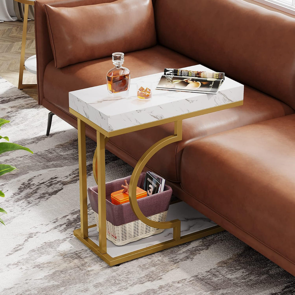 Tribesigns Narrow Side Table Set of 2, C Shaped End Table for Couch, White Gold Modern Bedside Tables with Metal Frame, Small Sofa Tables for Small Spaces, Living Rooms (2, White+Gold)
