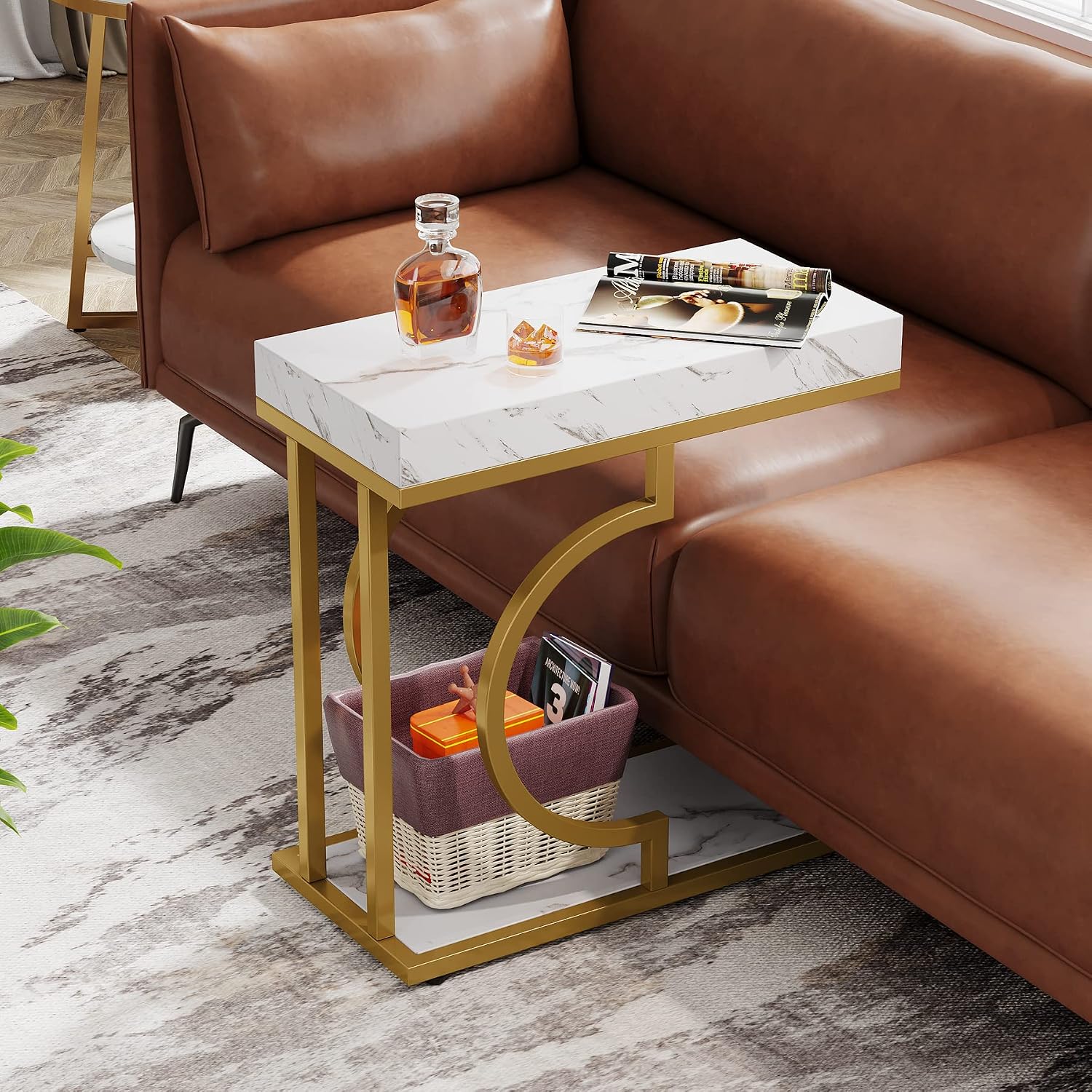 Tribesigns Narrow Side Table Set of 2, C Shaped End Table for Couch, White Gold Modern Bedside Tables with Metal Frame, Small Sofa Tables for Small Spaces, Living Rooms (2, White+Gold)