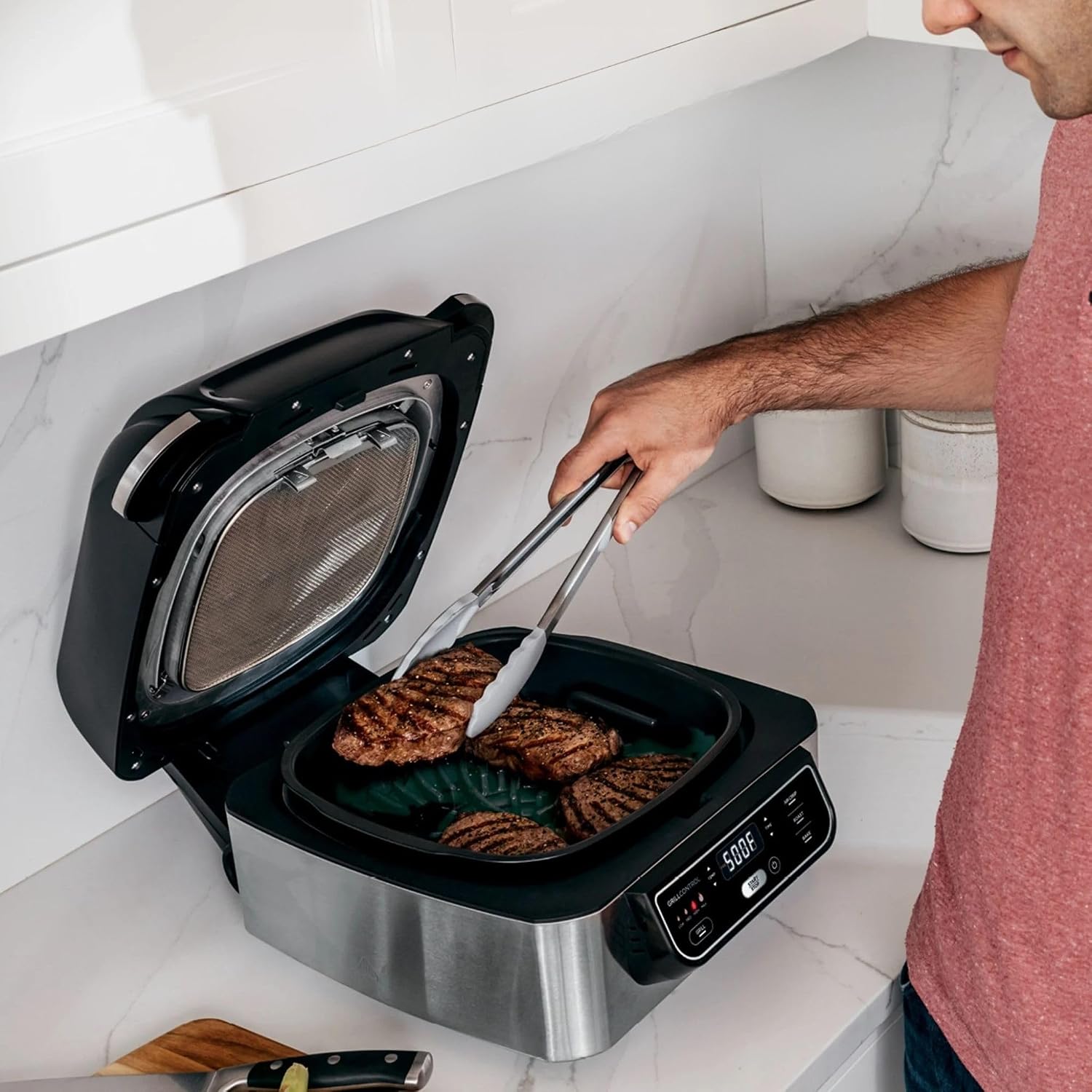 Foodii Indoor Grill & Air Fryer: Smokeless 4-in-1 Appliance for Grilling, Roasting, Baking, Air Frying- Dishwasher Safe Parts