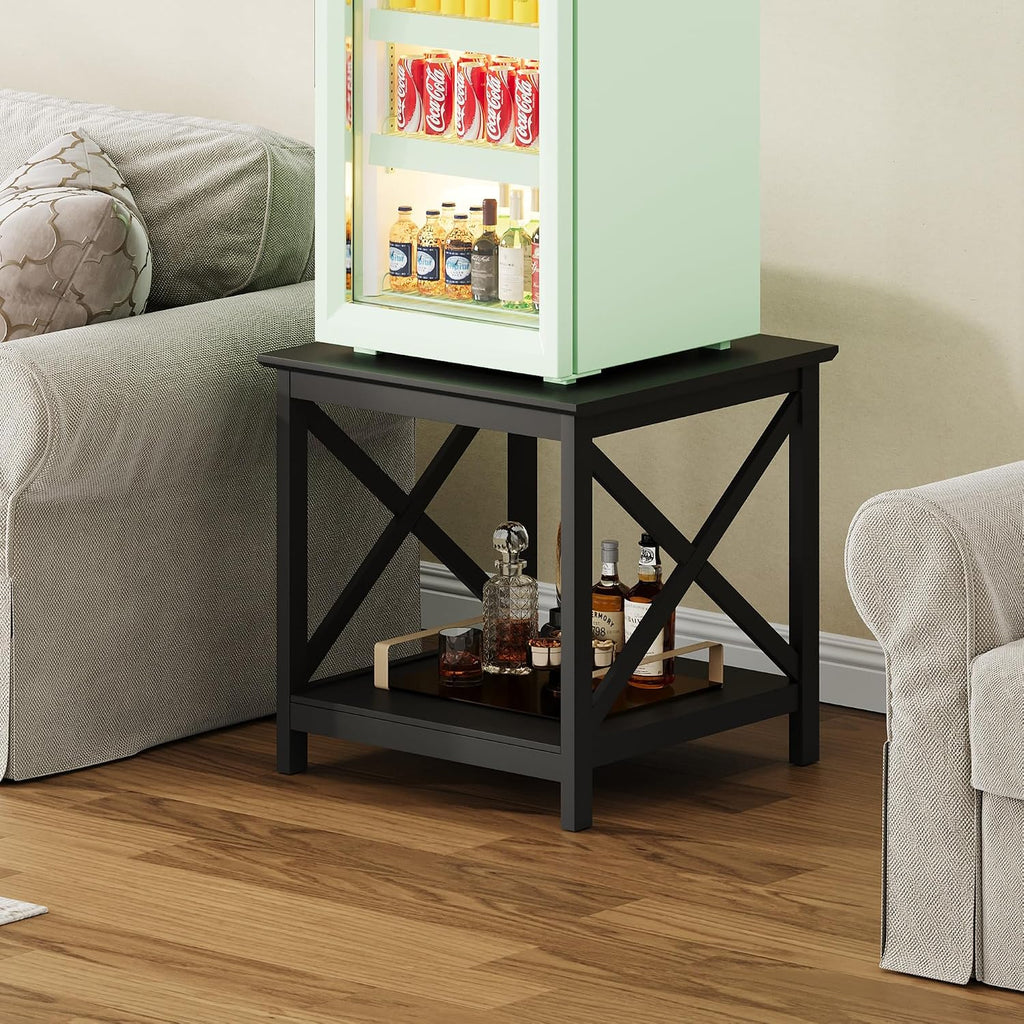 ChooChoo End Tables Set of 2, 24 Inch End Table with 2-Tier Storage Shelf, Side Table for Living Room, Wood Nightstand for Bedroom, Office, Painted Surface, Black