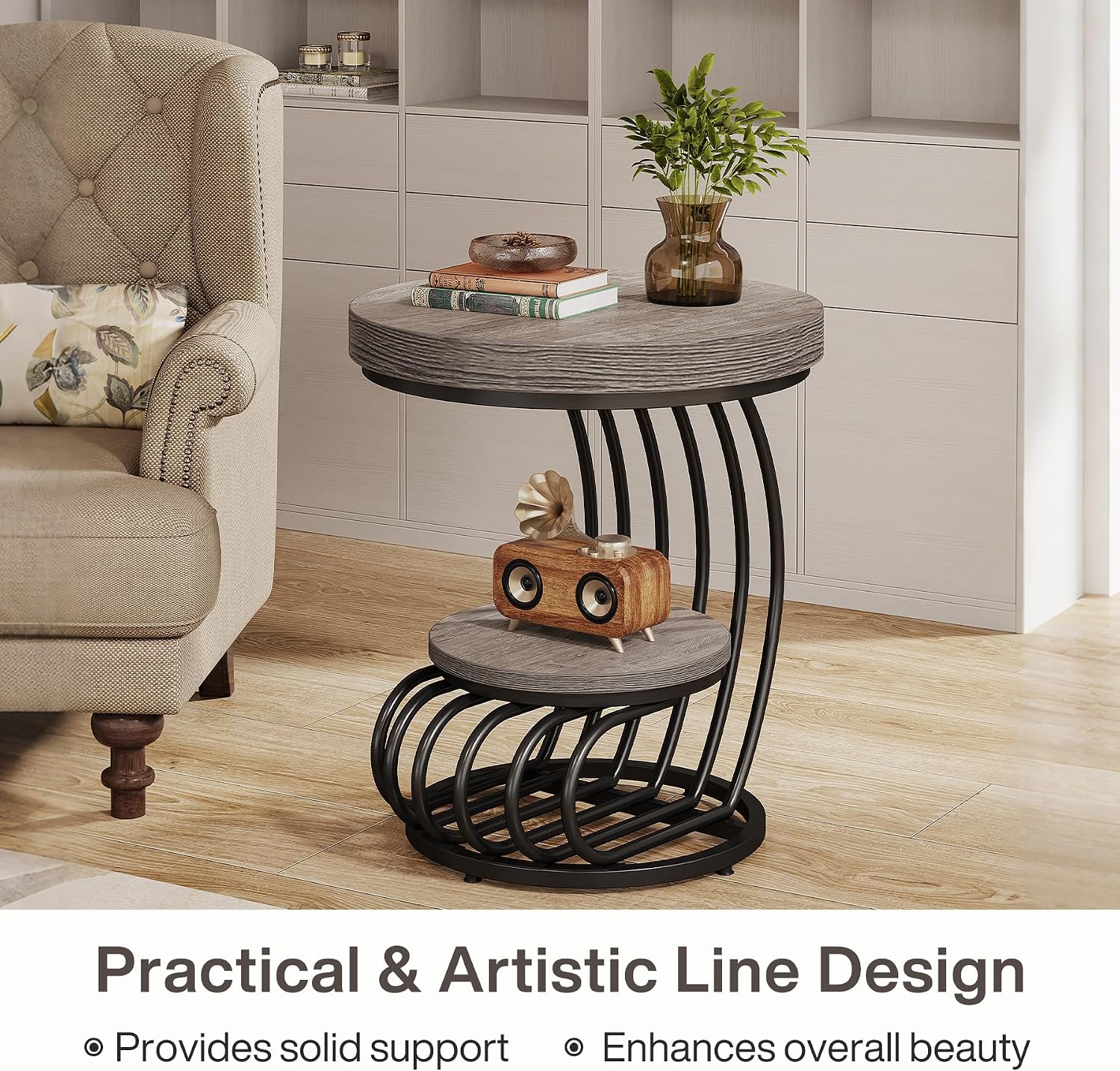 Tribesigns Round End Table Set of 2, 2-Tier Farmhose Wood Side Table with Shelf Storage, Small Sofa Side Bedside Nightstand, Accent Furniture for Living Room, Grey