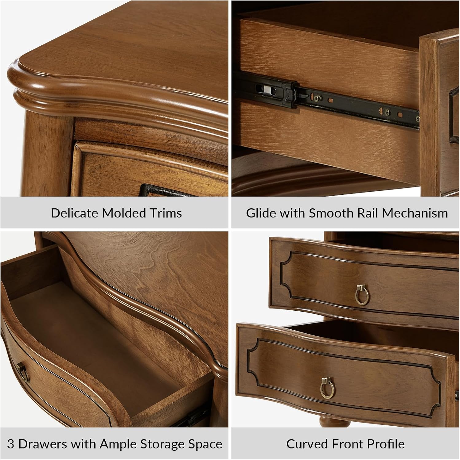 HULALA HOME Traditional Side Table with 3 Drawers, Tall Side Table with Curved Front Profle Desgin, Charging Station, Solid Wood Legs, SEADRIFT