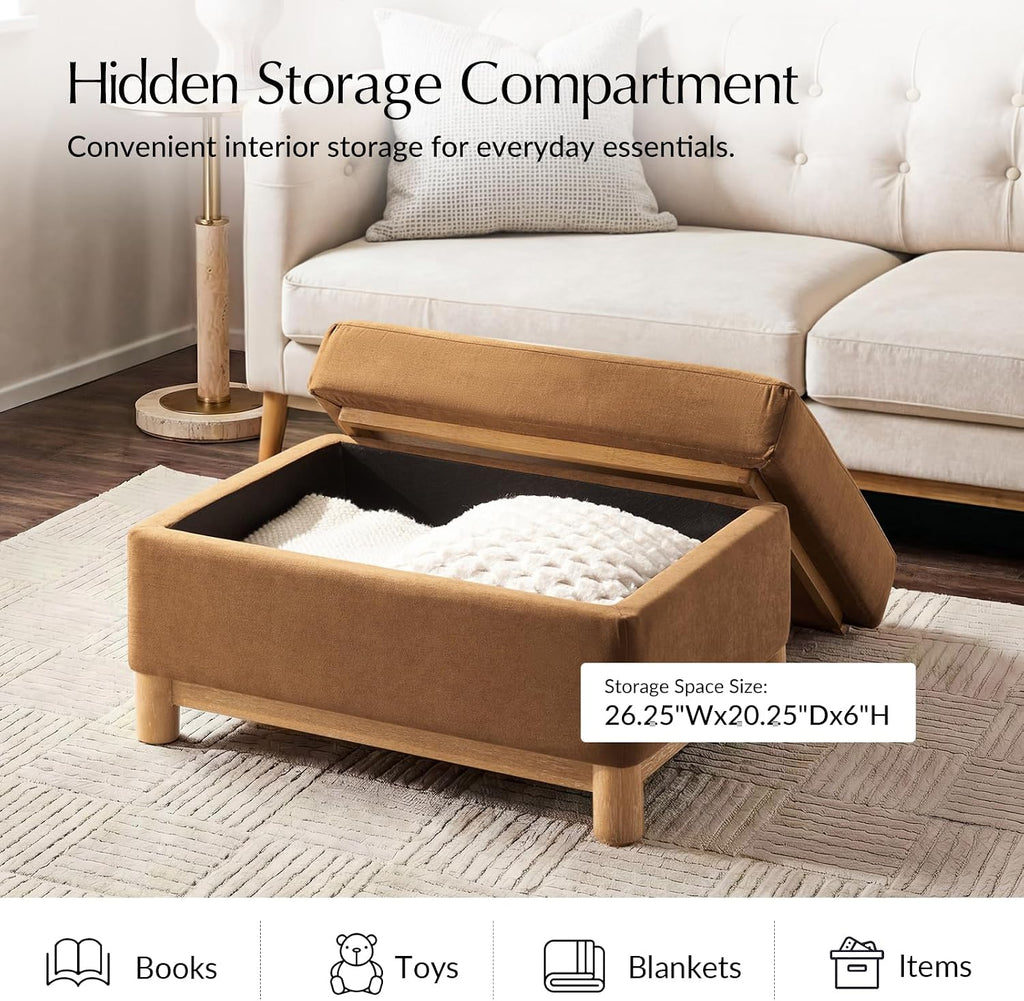 HULALA HOME 30.25' Ottoman Coffee Table with Reversible Tray Lid, Modern Upholstered Storage Ottoman with Solid Wood Base, Removable Top, Footrest and Extra Seating for Bedroom or Living Room, CARAMEL