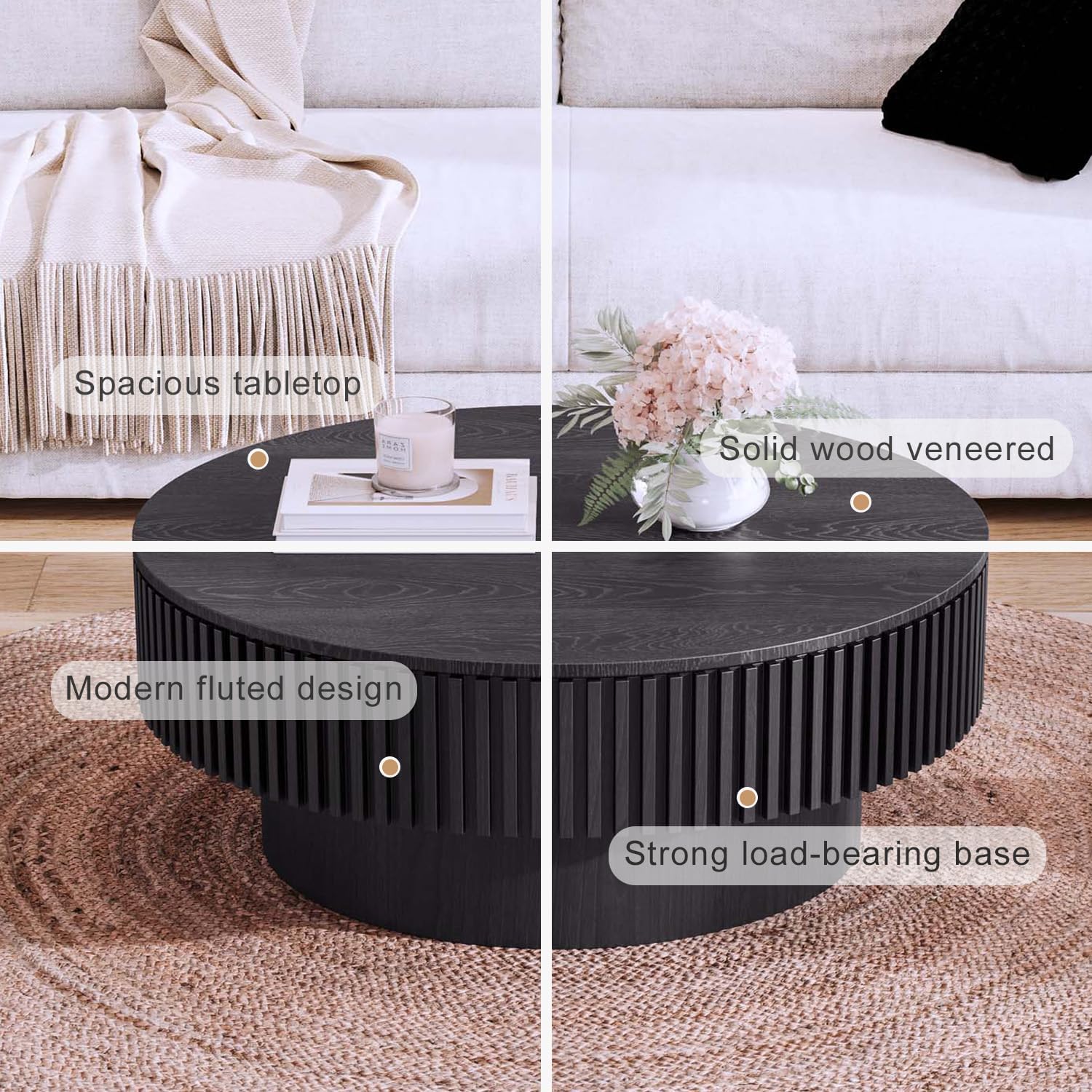 Round Coffee Table with Storage, Modern Wooden Coffee Table with Solid Wood Veneered, Circle Center Table Accent Tea Table for Living Room Apartment Small Space (31.5''L × 31.5''W × 14''H, Black)